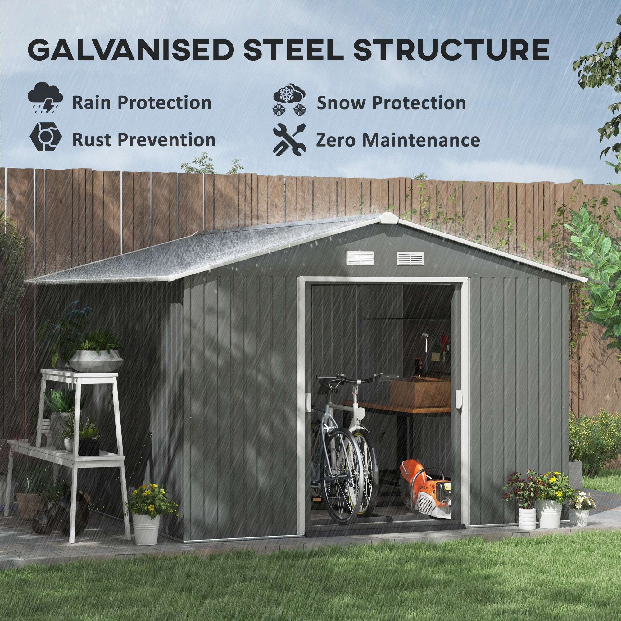 Outsunny 9' x 10.6' Garden Storage Shed with Foundation Kit, Metal Tool Storage House with Double Doors for Outdoor Patio Yard, Light Grey
