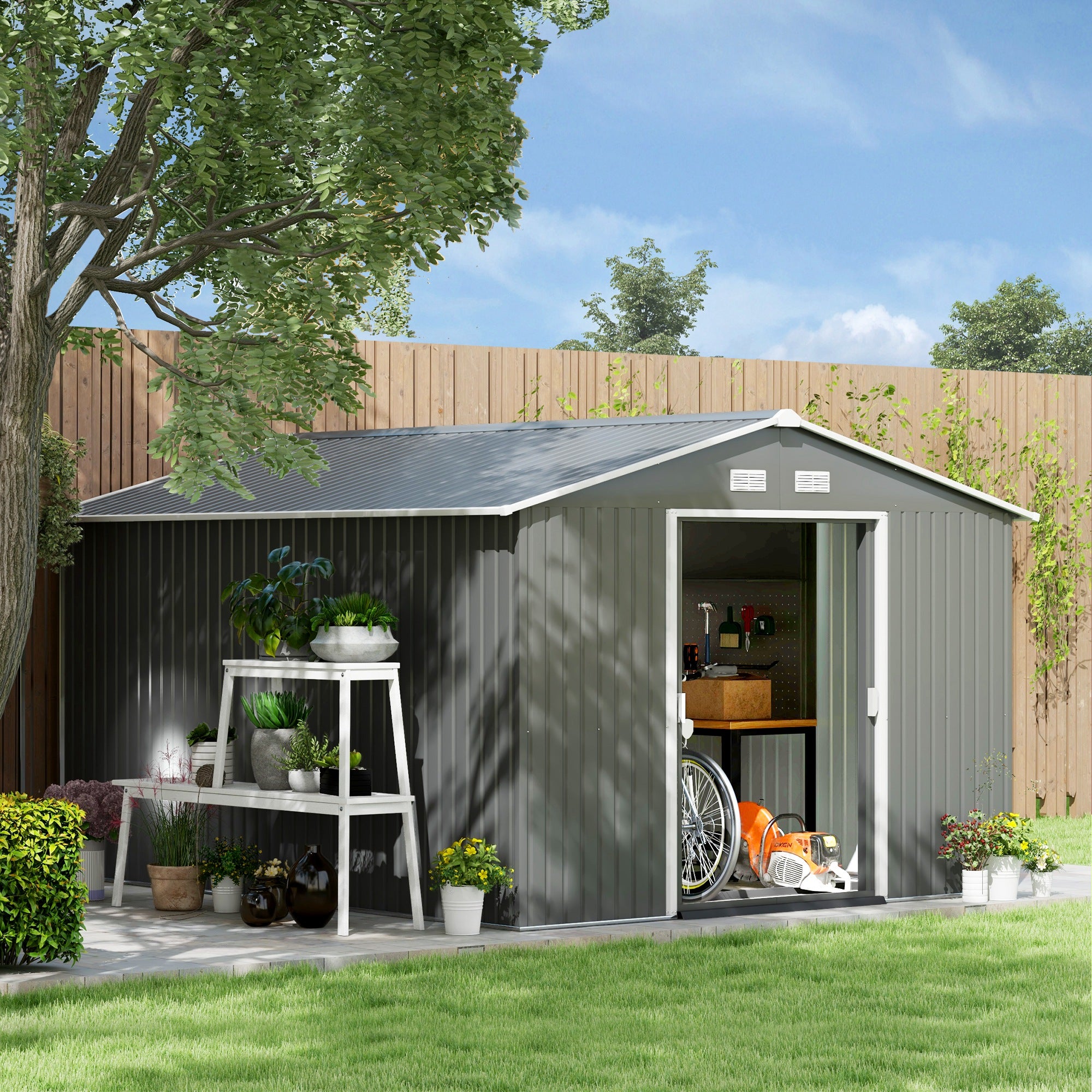 Outsunny 9' x 10.6' Garden Storage Shed with Foundation Kit, Metal Tool Storage House with Double Doors for Outdoor Patio Yard, Light Grey