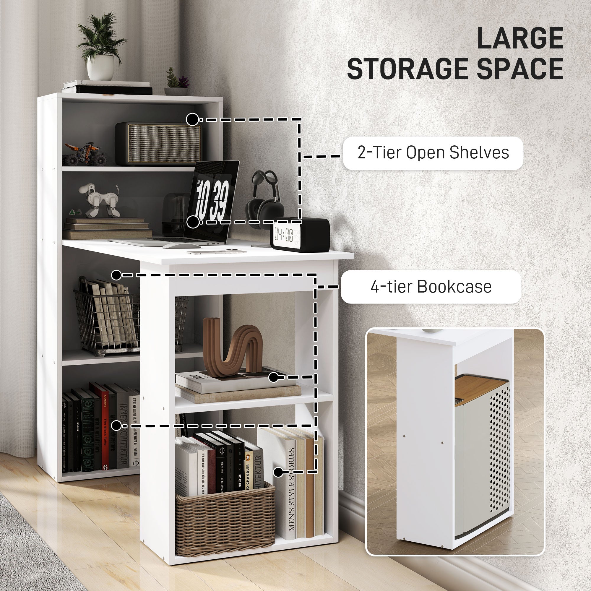 HOMCOM Modern Computer Desk with Storage Shelves, 47" Writing Table Workstation with Bookshelf for Home Office, White