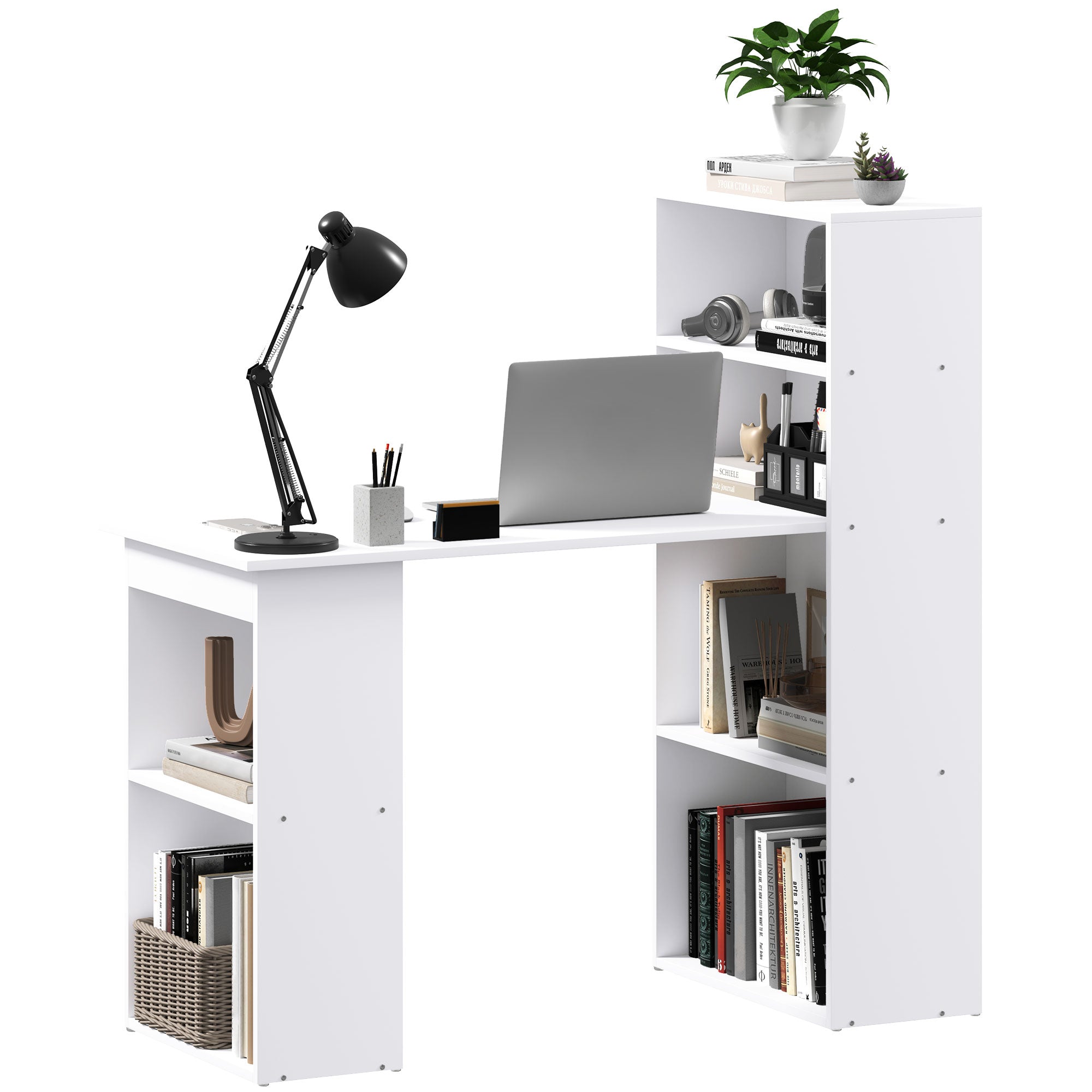 HOMCOM Modern Computer Desk with Storage Shelves, 47" Writing Table Workstation with Bookshelf for Home Office, White
