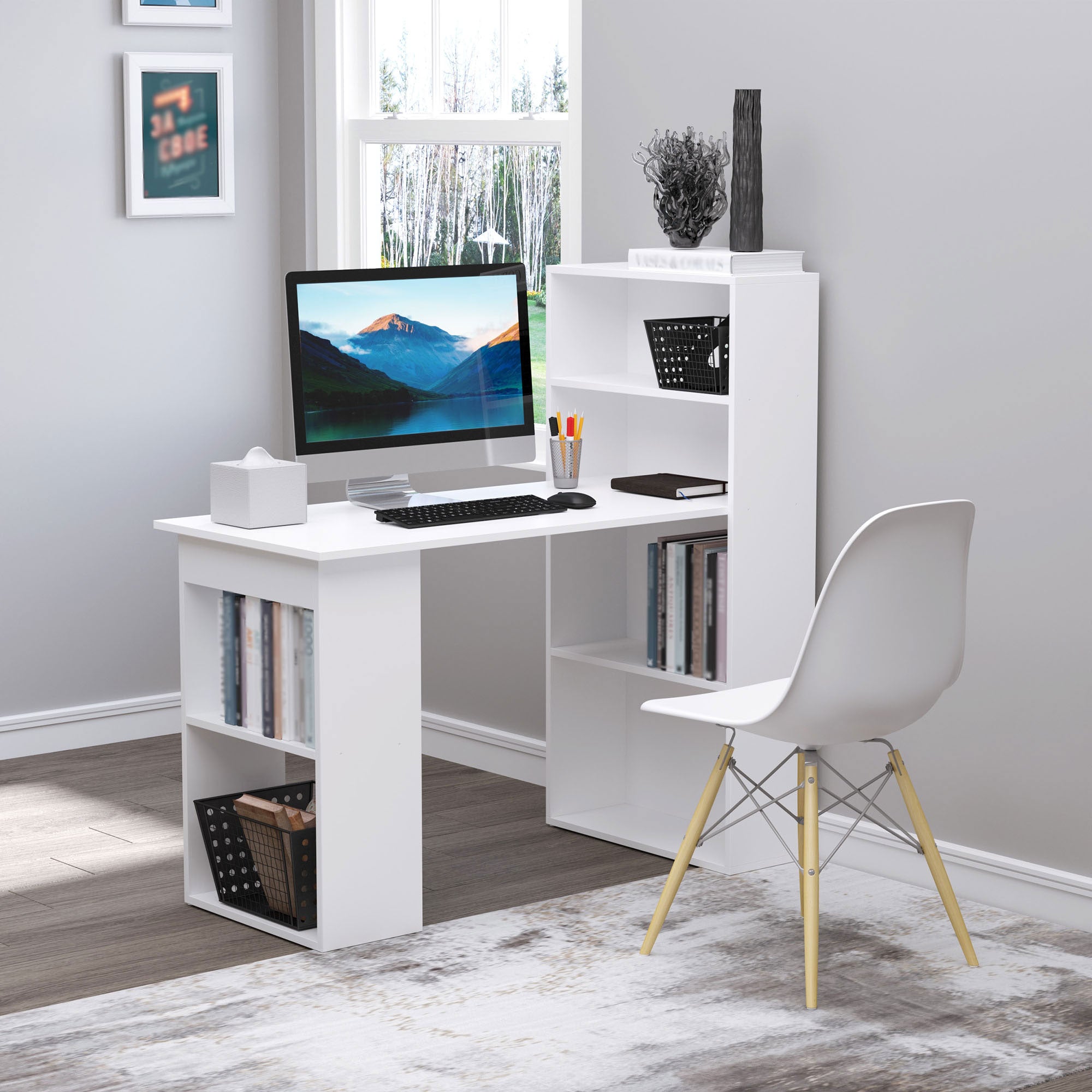 HOMCOM Modern Computer Desk with Storage Shelves, 47" Writing Table Workstation with Bookshelf for Home Office, White