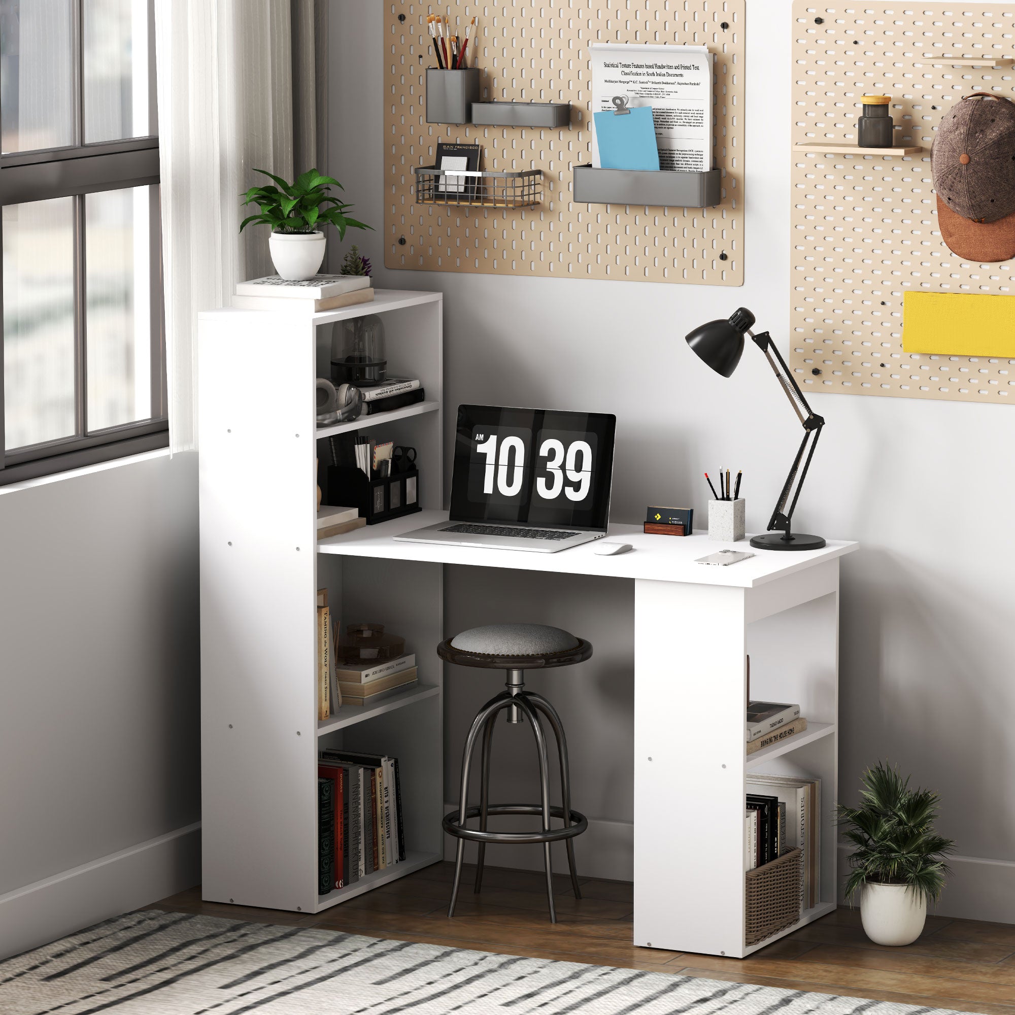 HOMCOM Modern Computer Desk with Storage Shelves, 47" Writing Table Workstation with Bookshelf for Home Office, White
