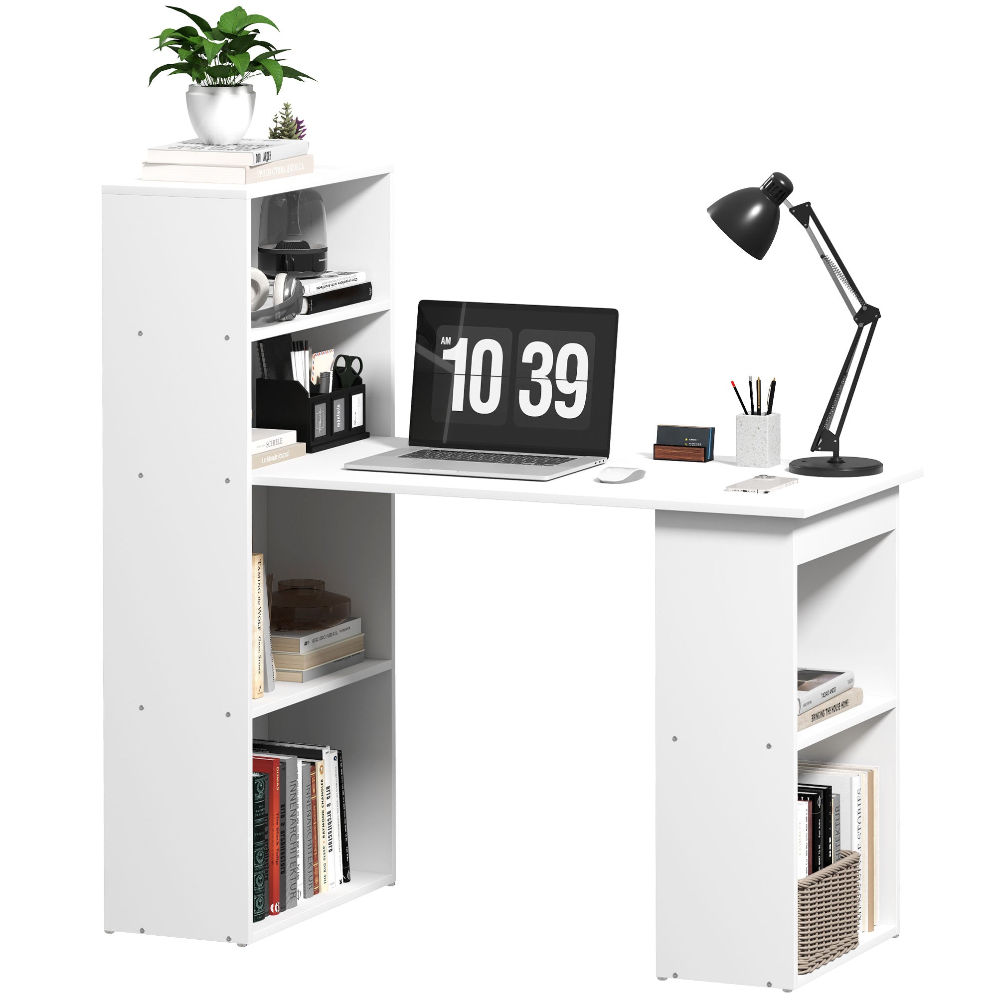HOMCOM Modern Computer Desk with Storage Shelves, 47" Writing Table Workstation with Bookshelf for Home Office, White