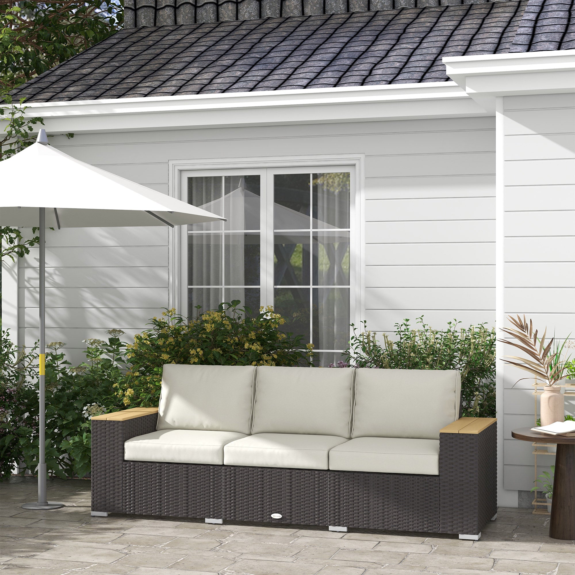 Outsunny 3-Seat Outdoor Couch with Cushions, PE Rattan Patio Couch with Wood Grain Armrests, Outdoor Sofa for Porch, Sunroom, Garden, Poolside, Cream White