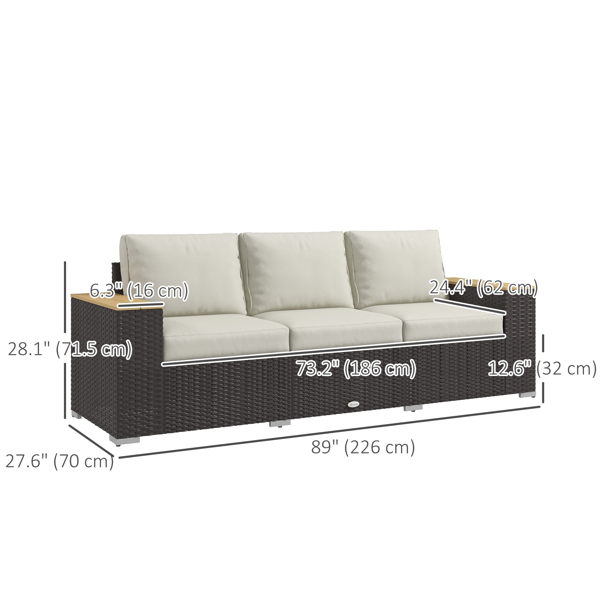 Outsunny 3-Seat Outdoor Couch with Cushions, PE Rattan Patio Couch with Wood Grain Armrests, Outdoor Sofa for Porch, Sunroom, Garden, Poolside, Cream White