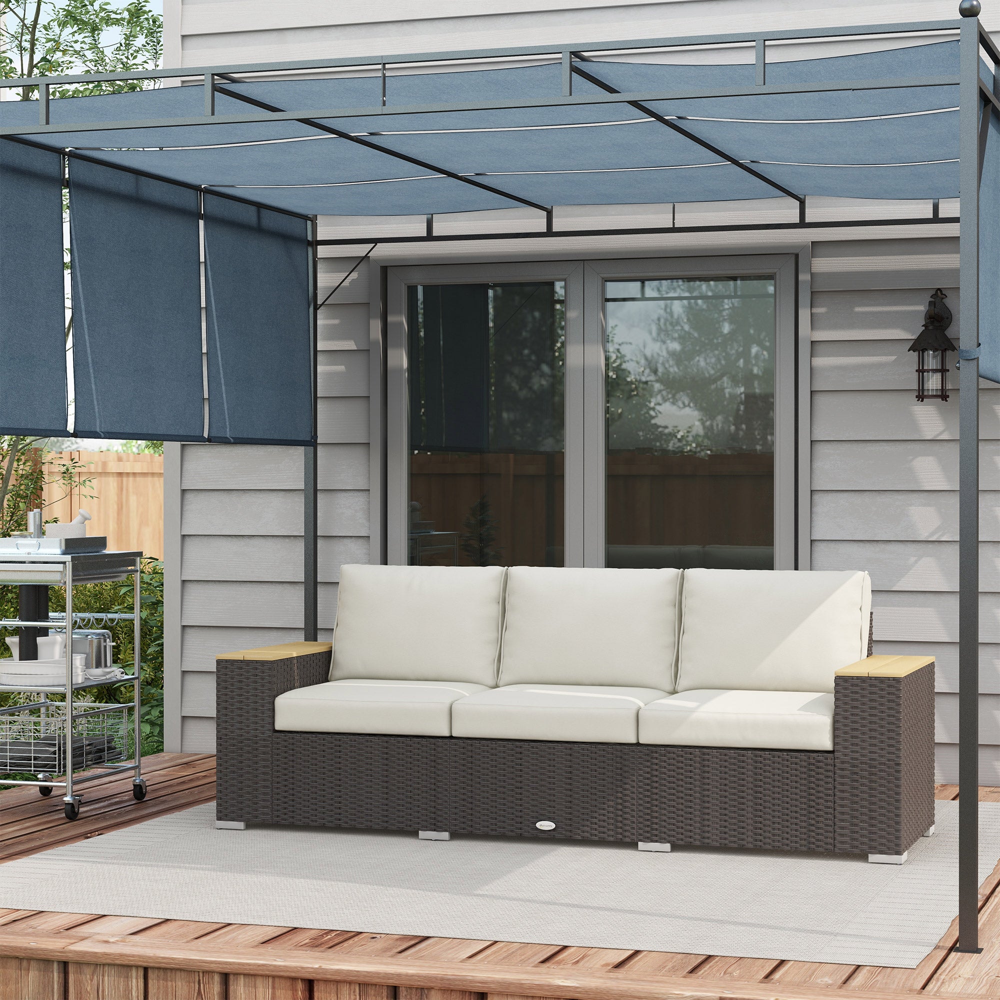 Outsunny 3-Seat Outdoor Couch with Cushions, PE Rattan Patio Couch with Wood Grain Armrests, Outdoor Sofa for Porch, Sunroom, Garden, Poolside, Cream White