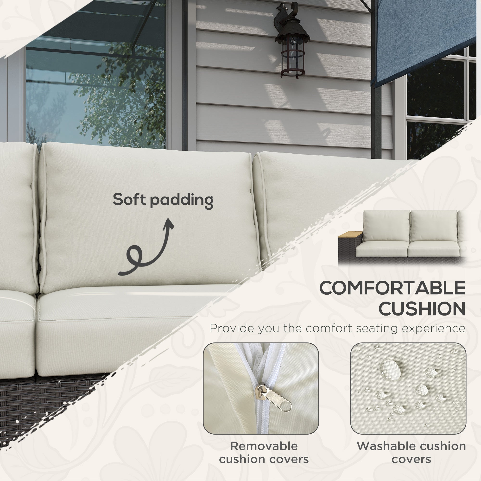 Outsunny 3-Seat Outdoor Couch with Cushions, PE Rattan Patio Couch with Wood Grain Armrests, Outdoor Sofa for Porch, Sunroom, Garden, Poolside, Cream White
