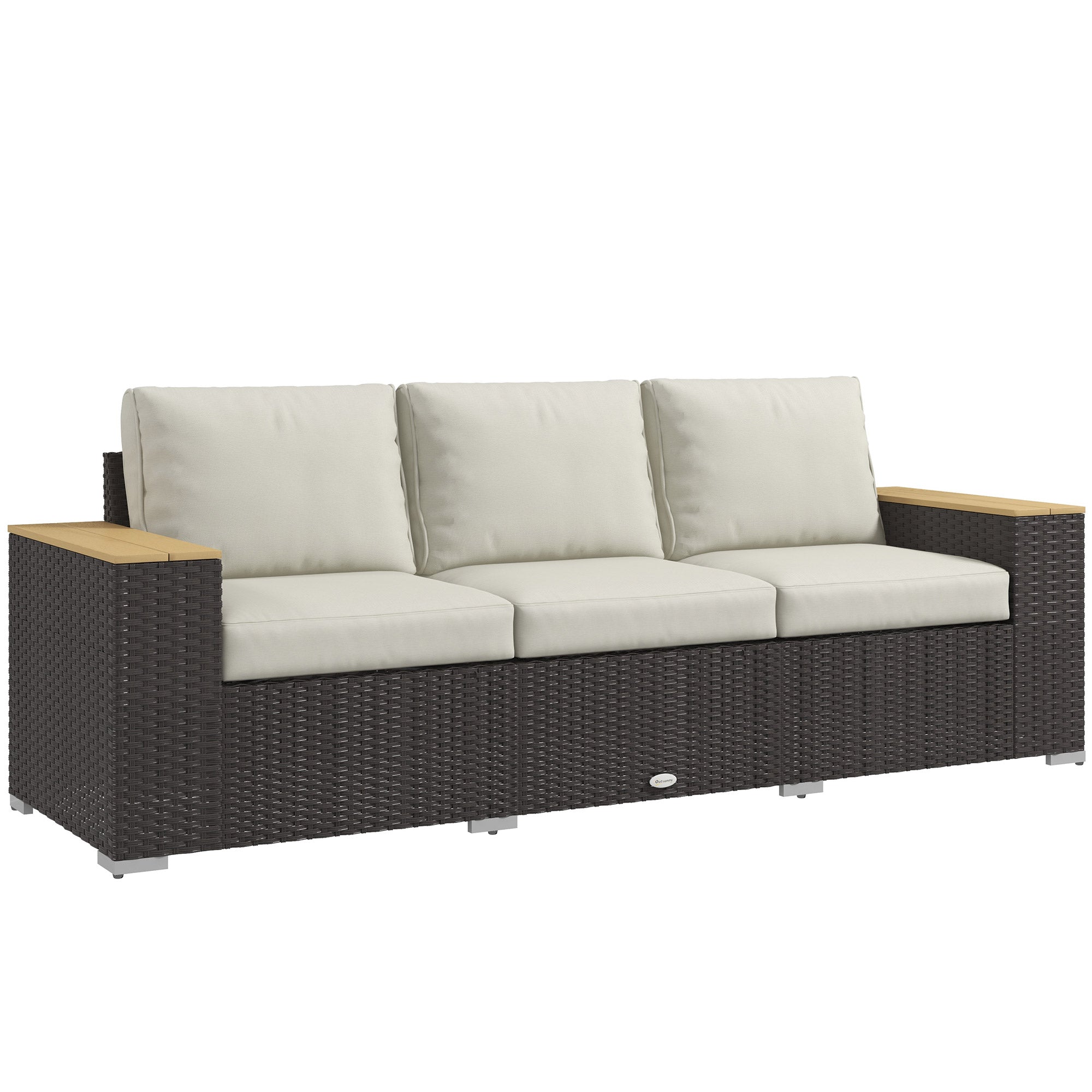 Outsunny 3-Seat Outdoor Couch with Cushions, PE Rattan Patio Couch with Wood Grain Armrests, Outdoor Sofa for Porch, Sunroom, Garden, Poolside, Cream White