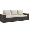 Outsunny 3-Seat Outdoor Couch with Cushions, PE Rattan Patio Couch with Wood Grain Armrests, Outdoor Sofa for Porch, Sunroom, Garden, Poolside, Cream White