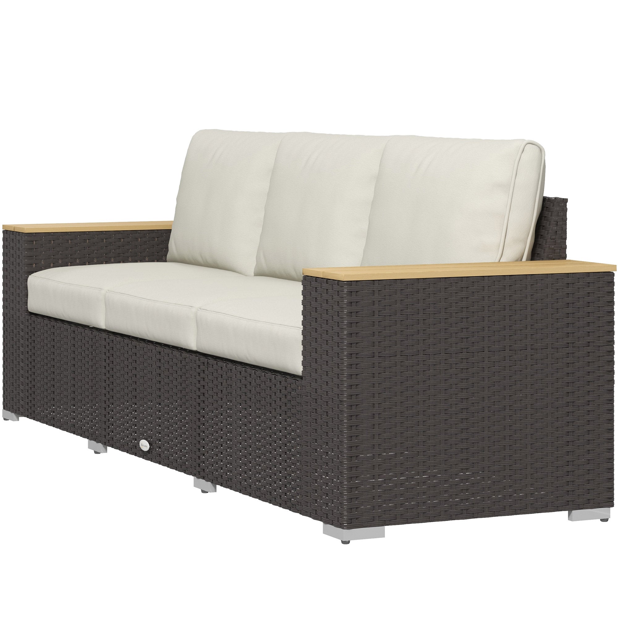 Outsunny 3-Seat Outdoor Couch with Cushions, PE Rattan Patio Couch with Wood Grain Armrests, Outdoor Sofa for Porch, Sunroom, Garden, Poolside, Cream White