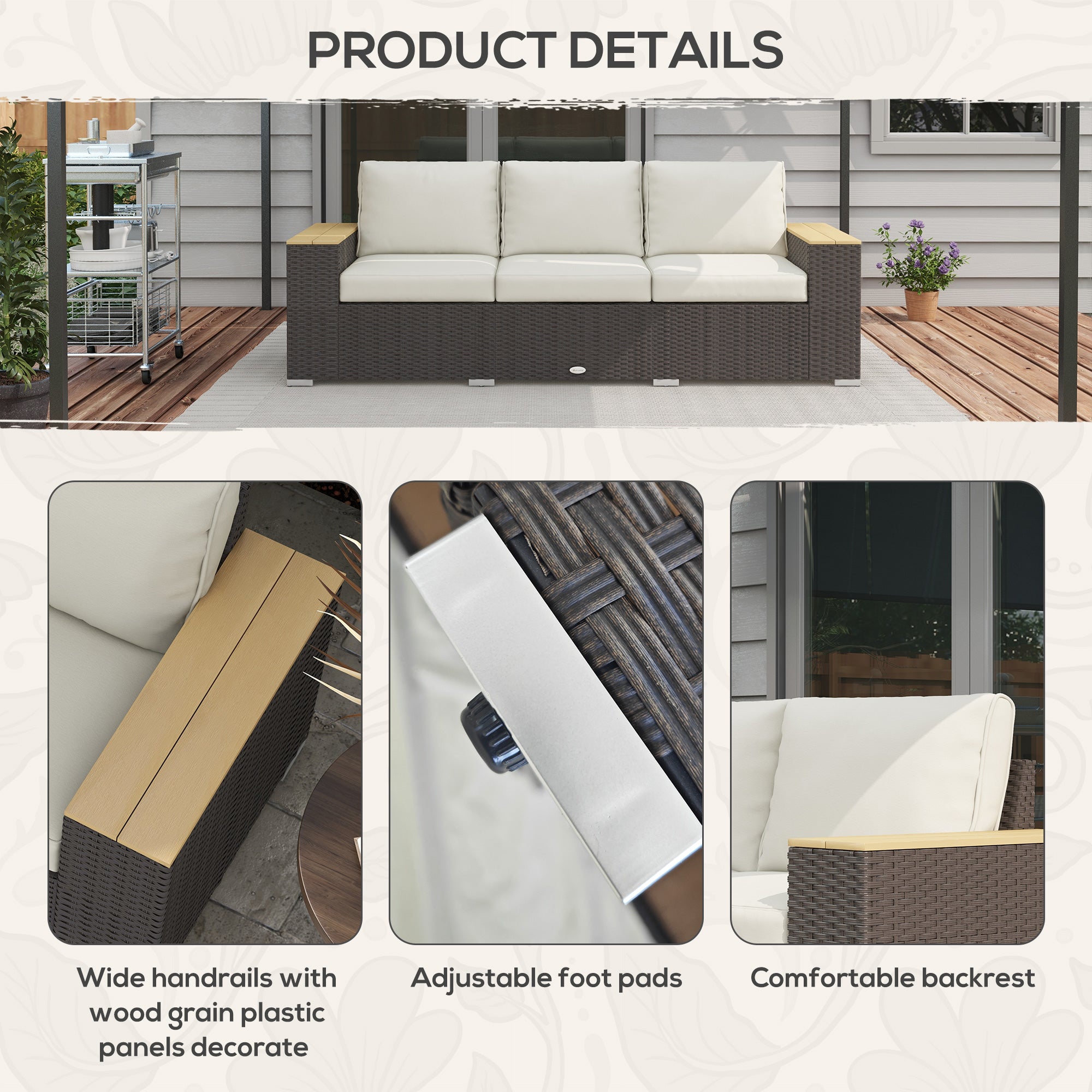 Outsunny 3-Seat Outdoor Couch with Cushions, PE Rattan Patio Couch with Wood Grain Armrests, Outdoor Sofa for Porch, Sunroom, Garden, Poolside, Cream White