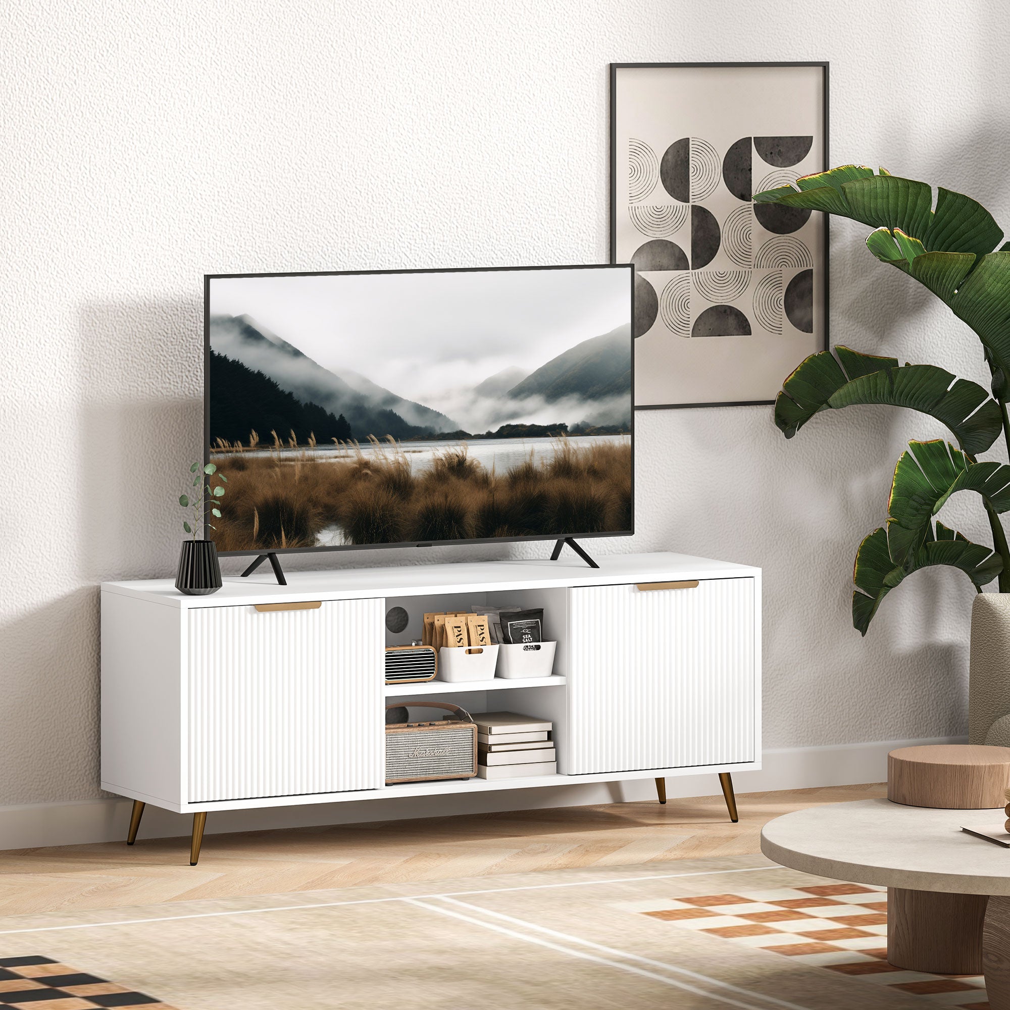 HOMCOM TV Stand with Storage for 55 Inch TV, Modern TV Table with 2 Open Shelves and 2 Cabinets, TV Console for Living Room, White