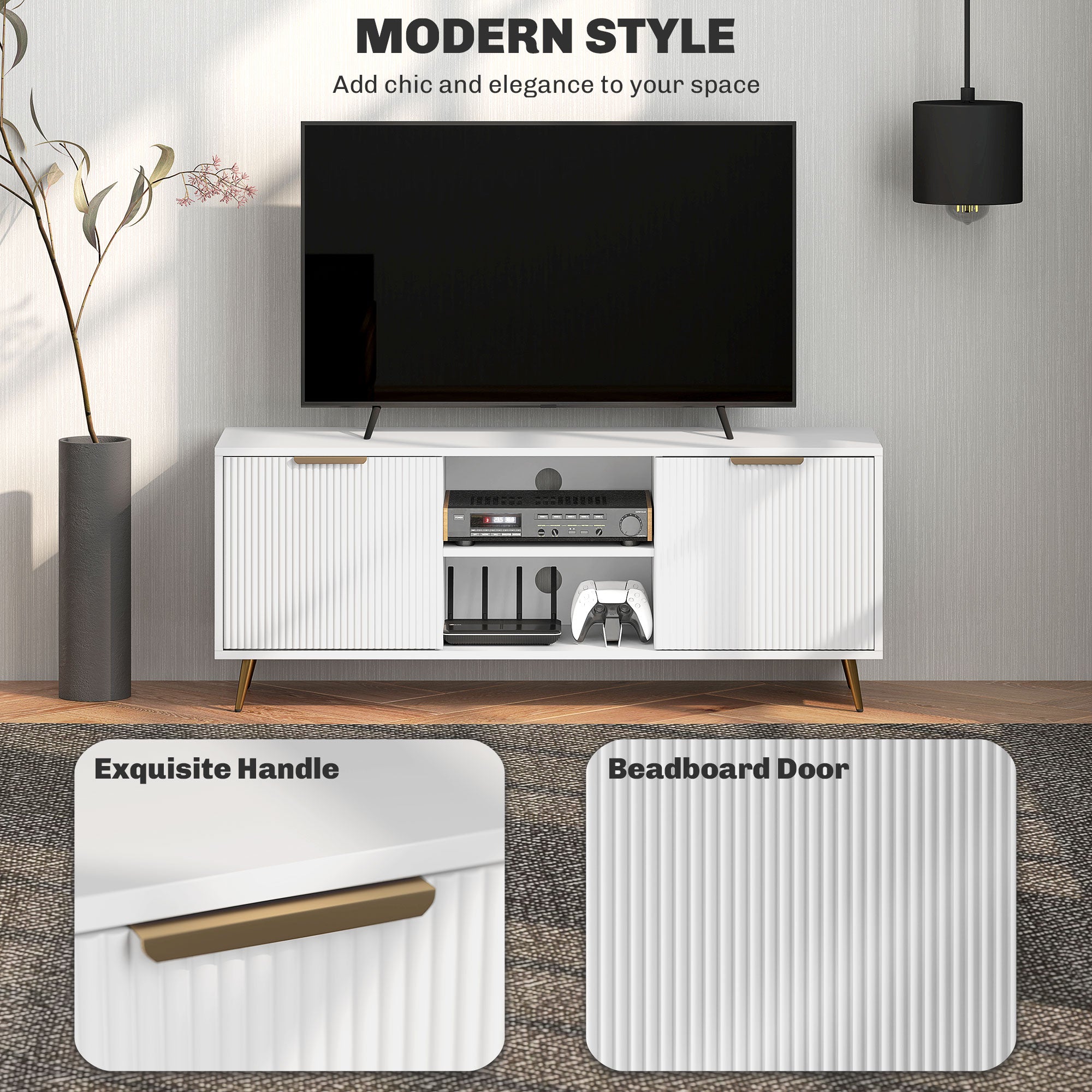 HOMCOM TV Stand with Storage for 55 Inch TV, Modern TV Table with 2 Open Shelves and 2 Cabinets, TV Console for Living Room, White