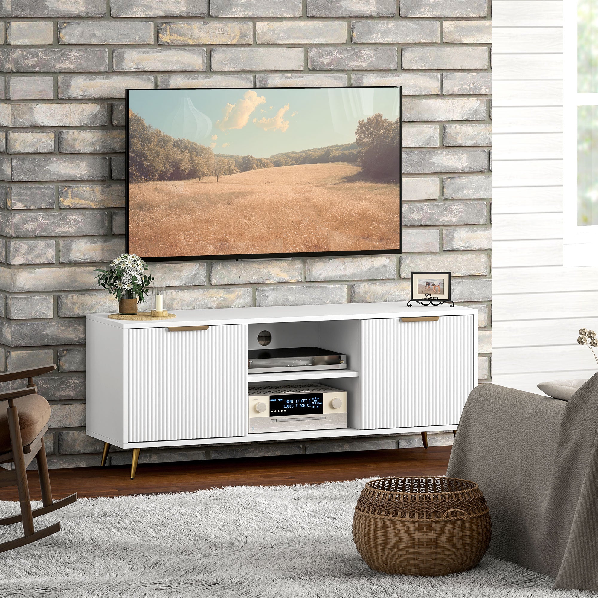 HOMCOM TV Stand with Storage for 55 Inch TV, Modern TV Table with 2 Open Shelves and 2 Cabinets, TV Console for Living Room, White