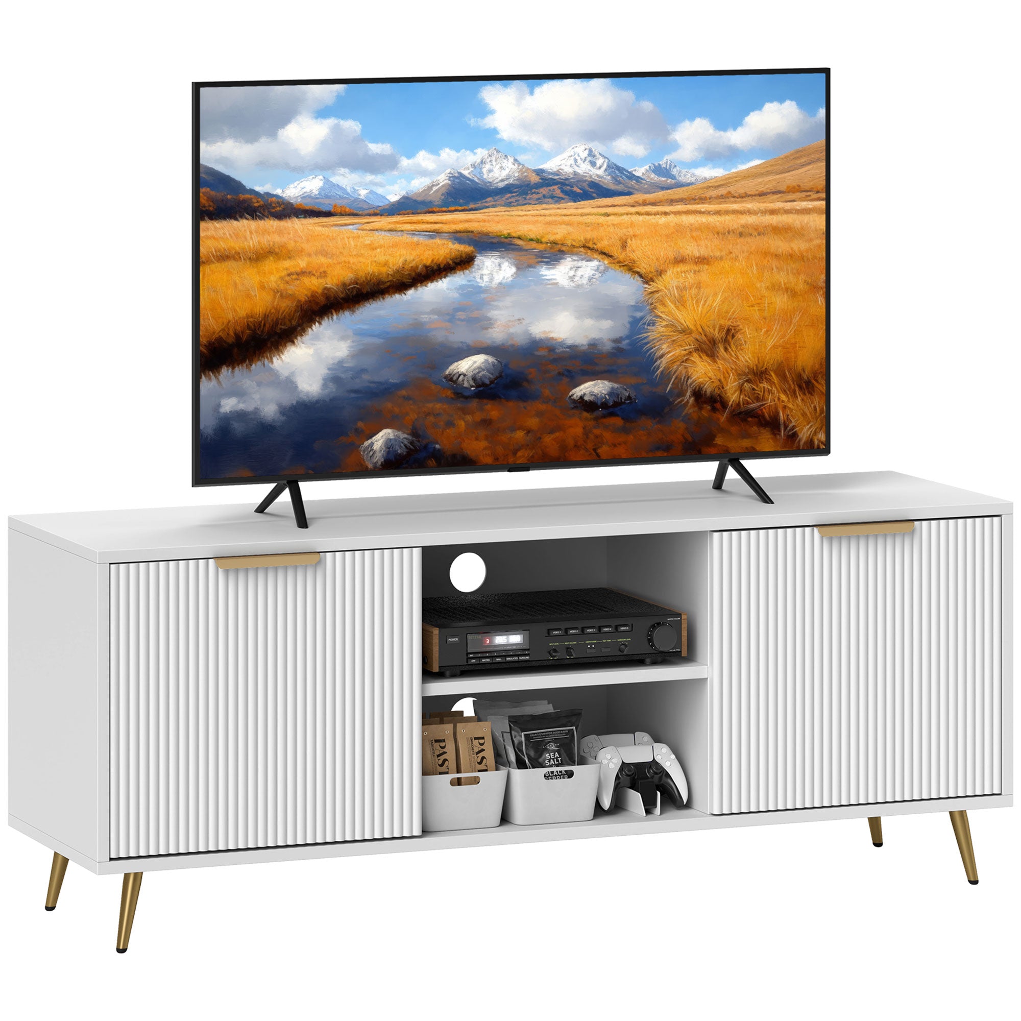 HOMCOM TV Stand with Storage for 55 Inch TV, Modern TV Table with 2 Open Shelves and 2 Cabinets, TV Console for Living Room, White