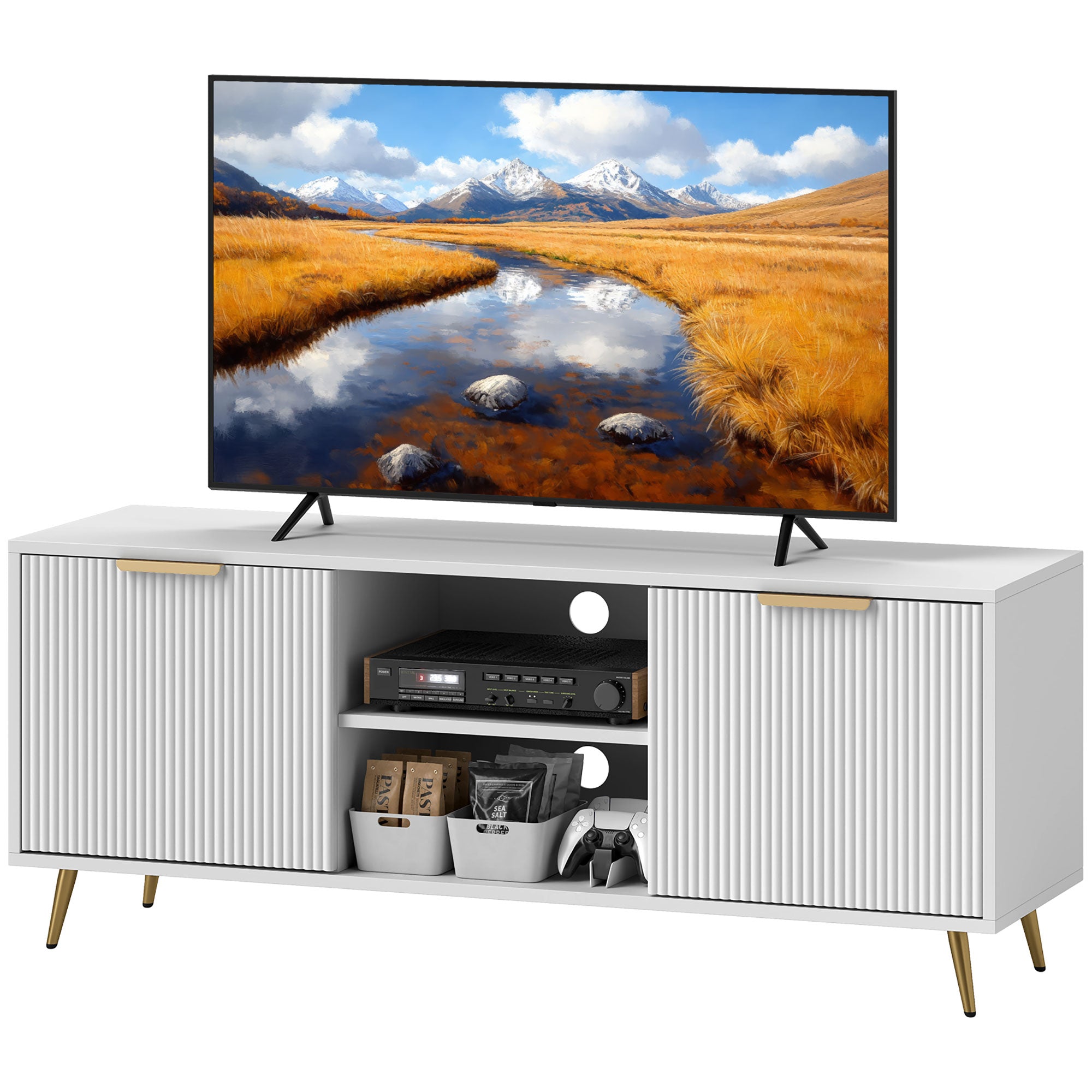 HOMCOM TV Stand with Storage for 55 Inch TV, Modern TV Table with 2 Open Shelves and 2 Cabinets, TV Console for Living Room, White