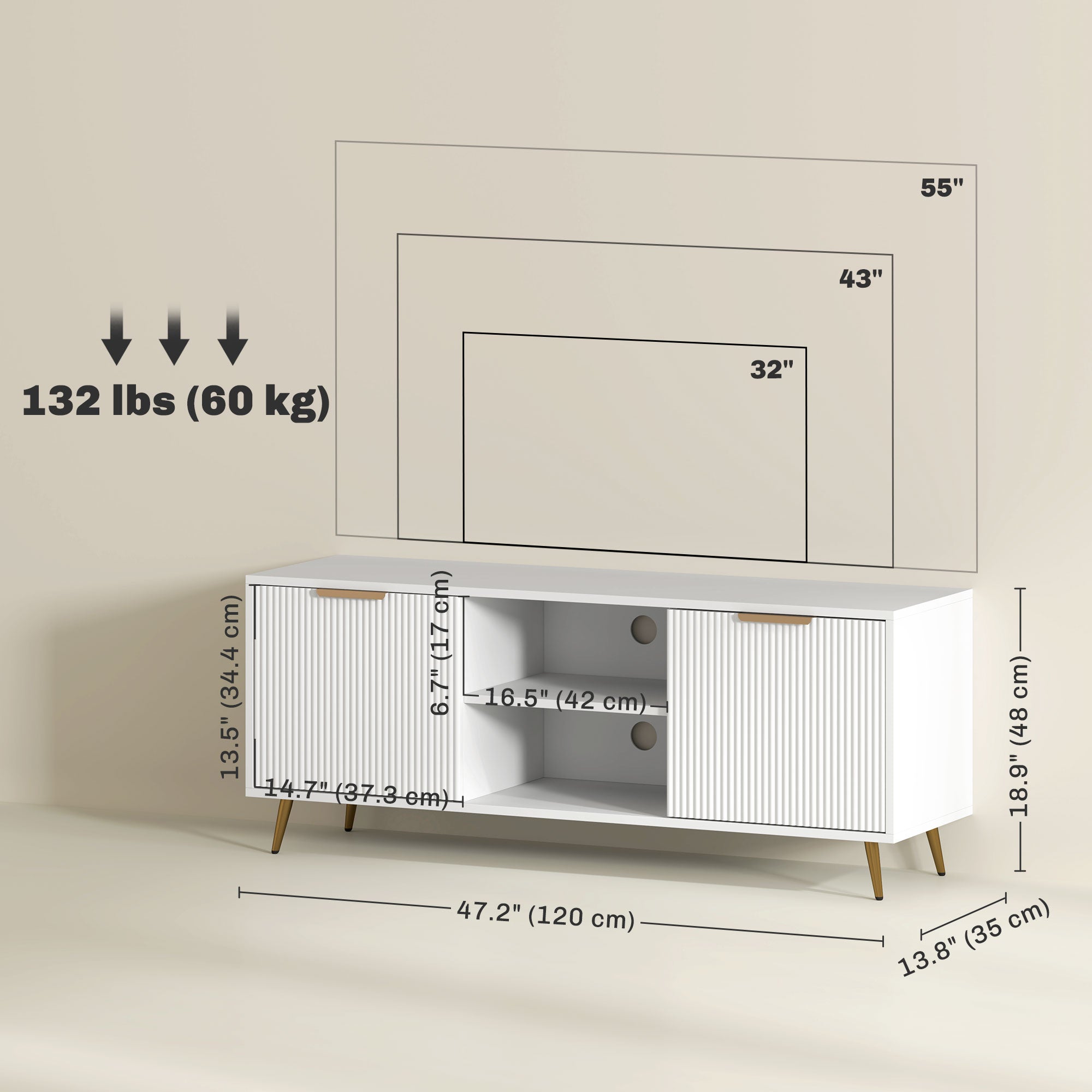 HOMCOM TV Stand with Storage for 55 Inch TV, Modern TV Table with 2 Open Shelves and 2 Cabinets, TV Console for Living Room, White