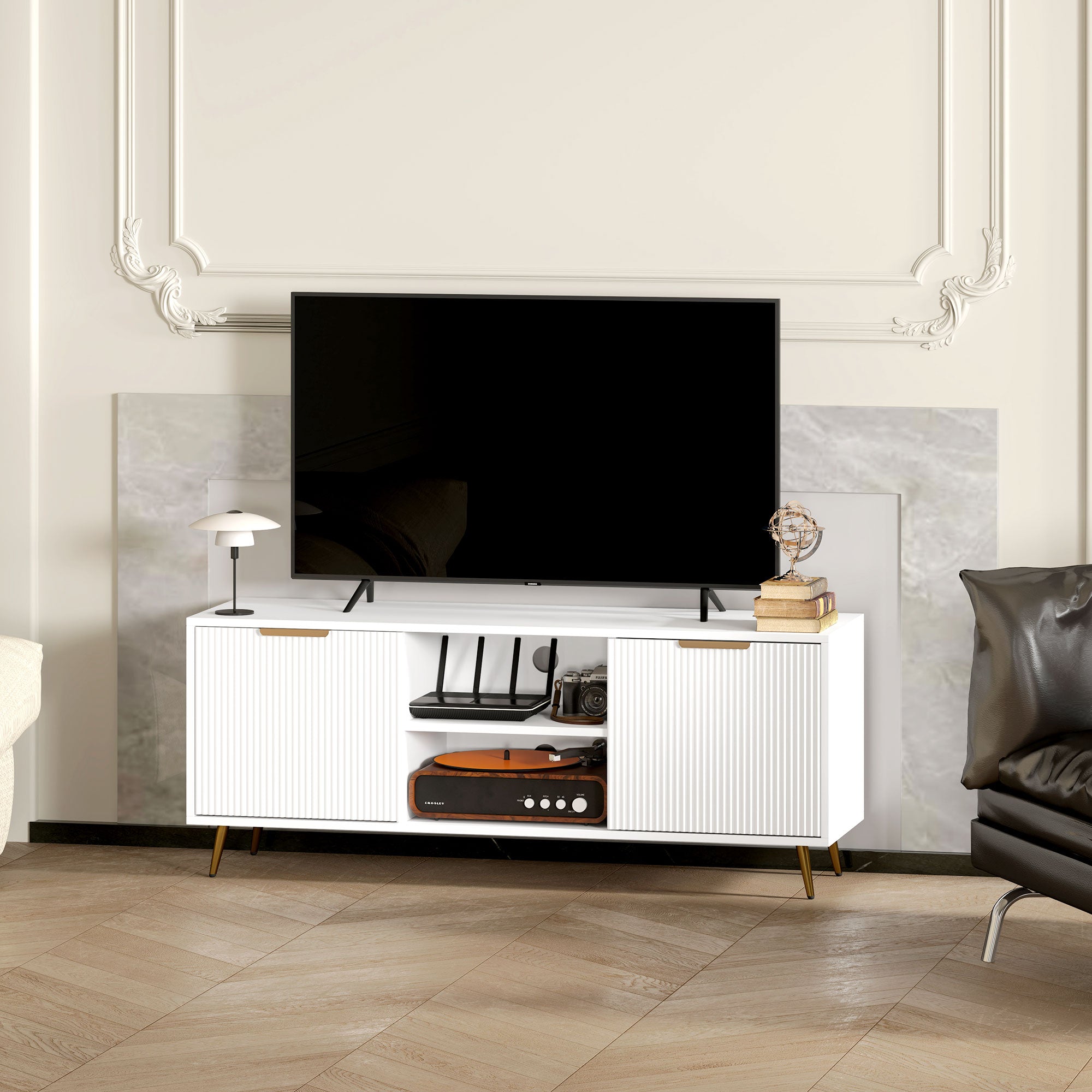 HOMCOM TV Stand with Storage for 55 Inch TV, Modern TV Table with 2 Open Shelves and 2 Cabinets, TV Console for Living Room, White