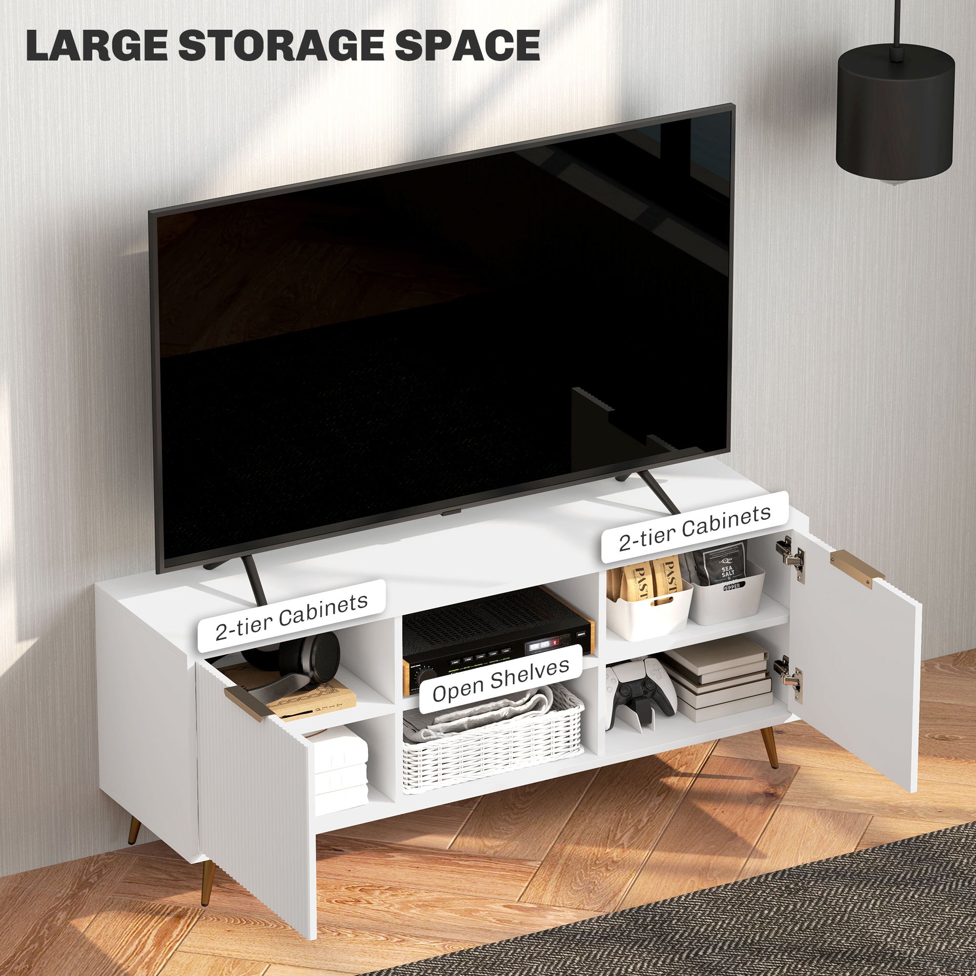 HOMCOM TV Stand with Storage for 55 Inch TV, Modern TV Table with 2 Open Shelves and 2 Cabinets, TV Console for Living Room, White