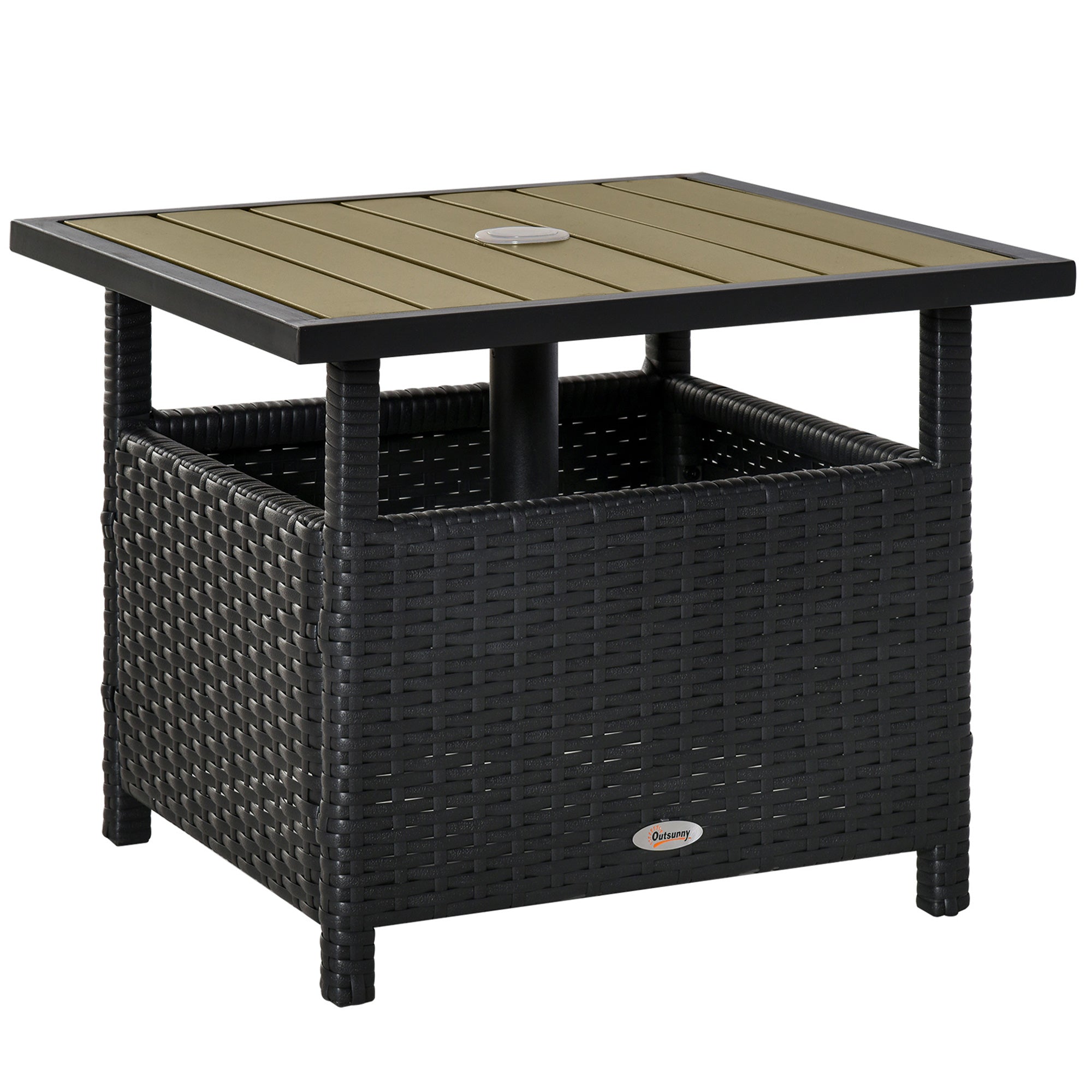 Outsunny 22" Square Steel PE Rattan Wicker Table With Umbrella Hole, Outdoor Patio Accent Dining Side Table Used as Umbrella Stand, Black