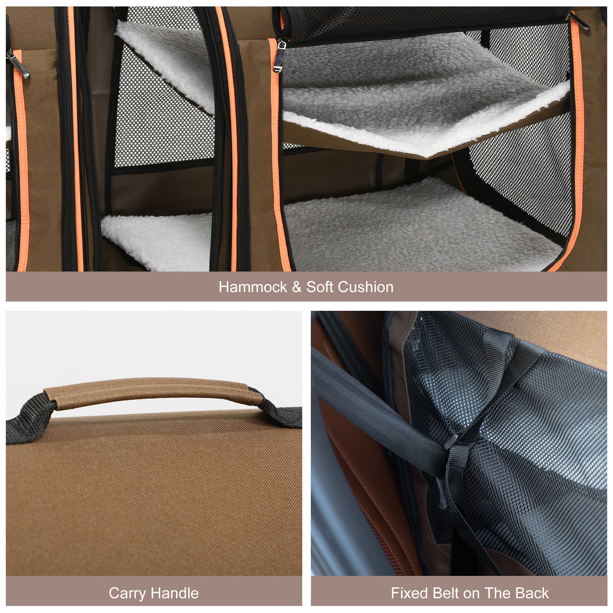 PawHut 39" Portable Soft-Sided Cat Carrier, Travel Pet Carrier with Divider, Two Compartments, Soft Cushions, & Storage Bag, Brown