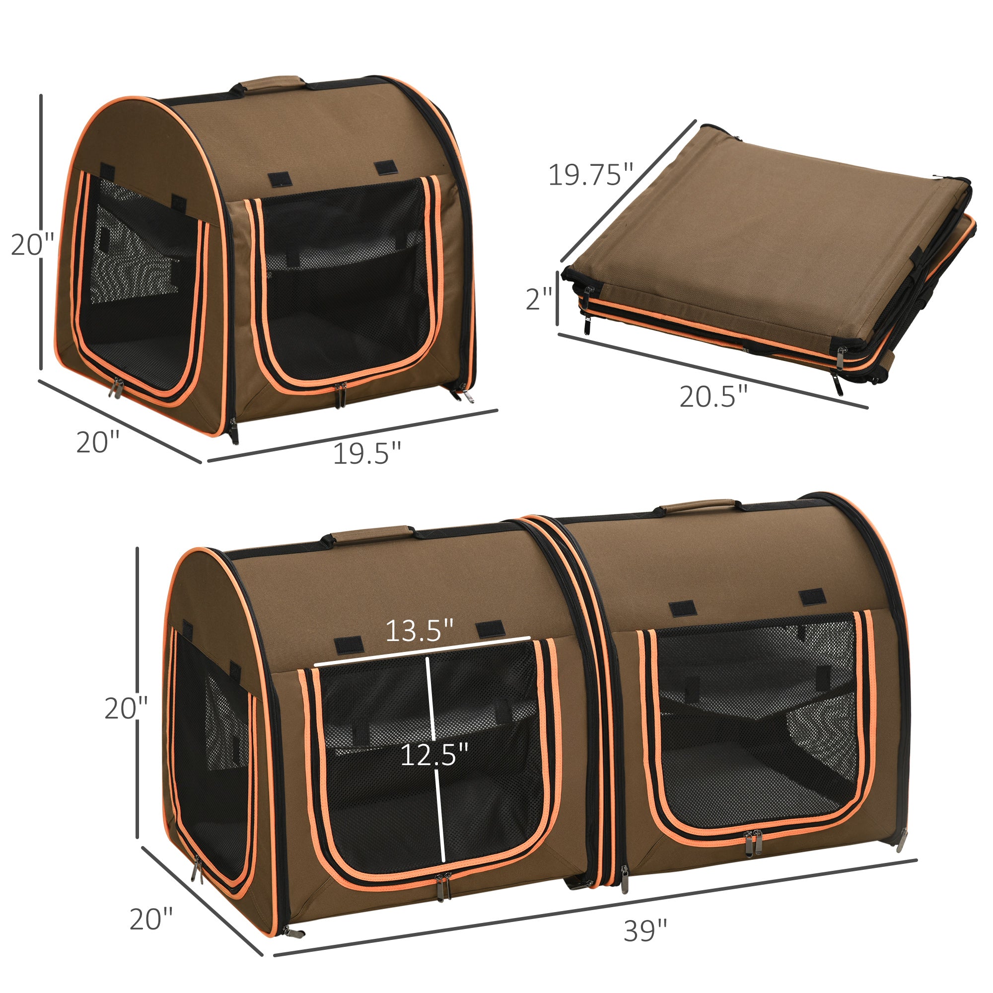 PawHut 39" Portable Soft-Sided Cat Carrier, Travel Pet Carrier with Divider, Two Compartments, Soft Cushions, & Storage Bag, Brown