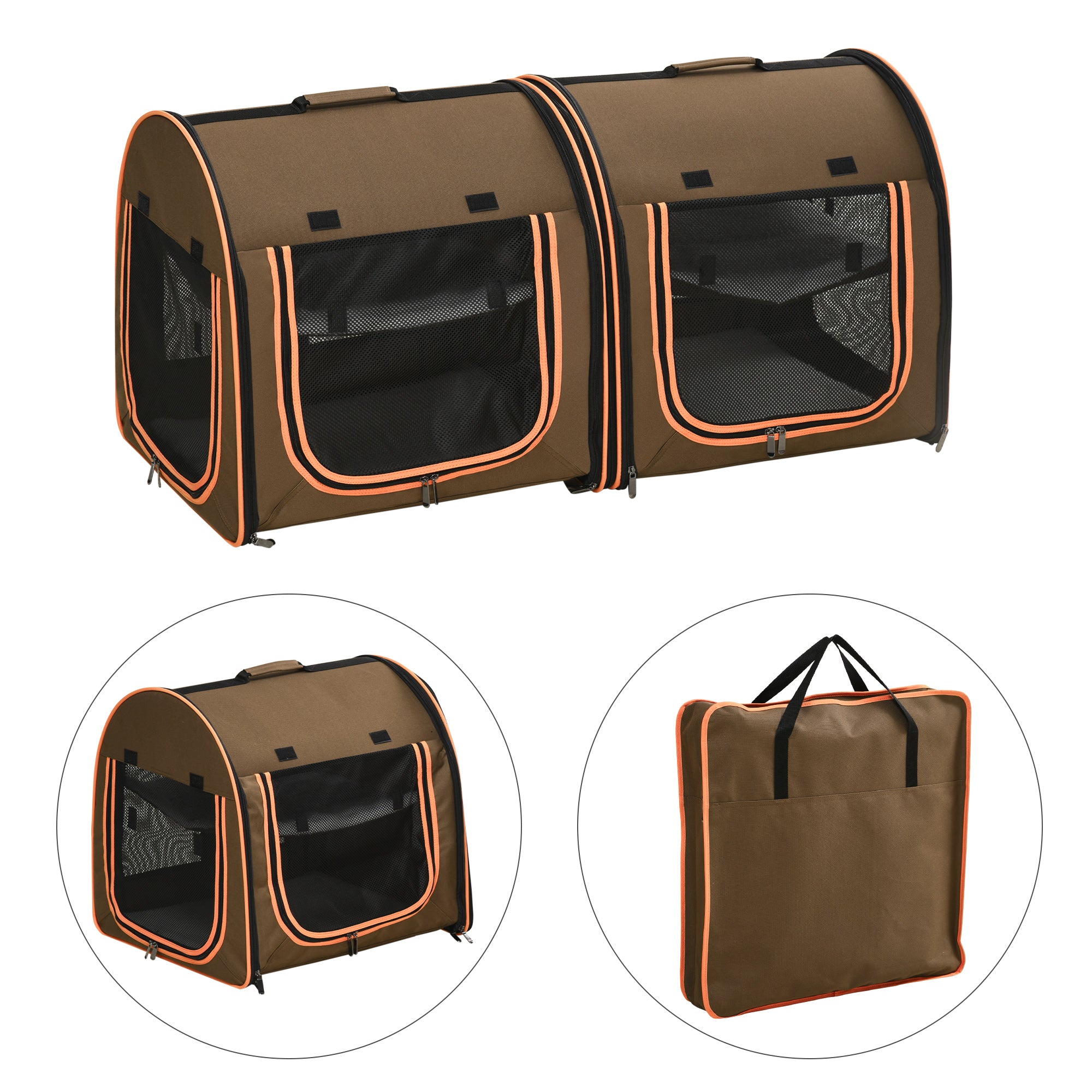 PawHut 39" Portable Soft-Sided Cat Carrier, Travel Pet Carrier with Divider, Two Compartments, Soft Cushions, & Storage Bag, Brown