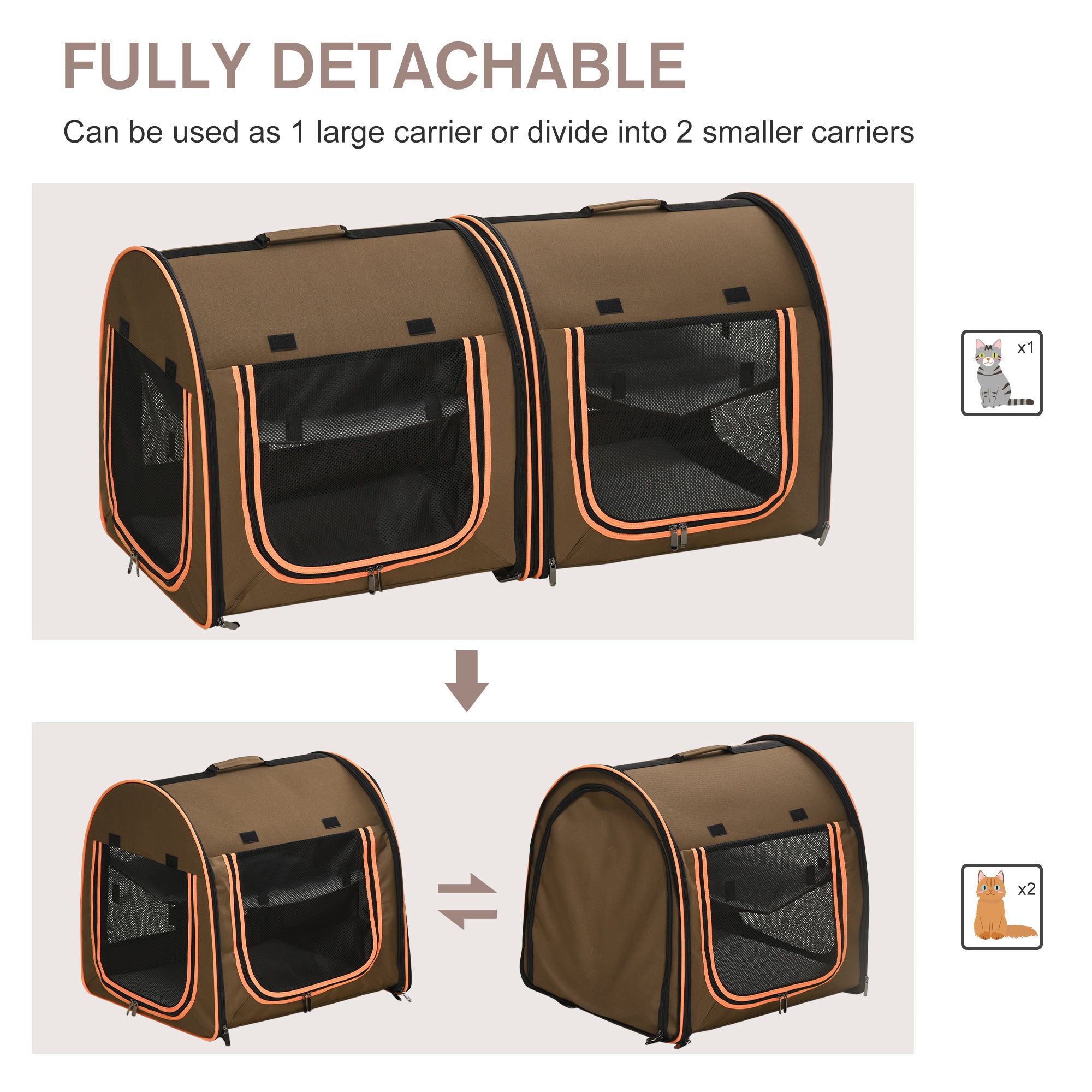 PawHut 39" Portable Soft-Sided Cat Carrier, Travel Pet Carrier with Divider, Two Compartments, Soft Cushions, & Storage Bag, Brown