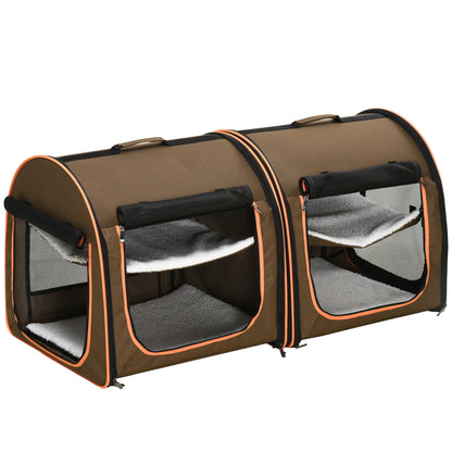 PawHut 39" Portable Soft-Sided Cat Carrier, Travel Pet Carrier with Divider, Two Compartments, Soft Cushions, & Storage Bag, Brown