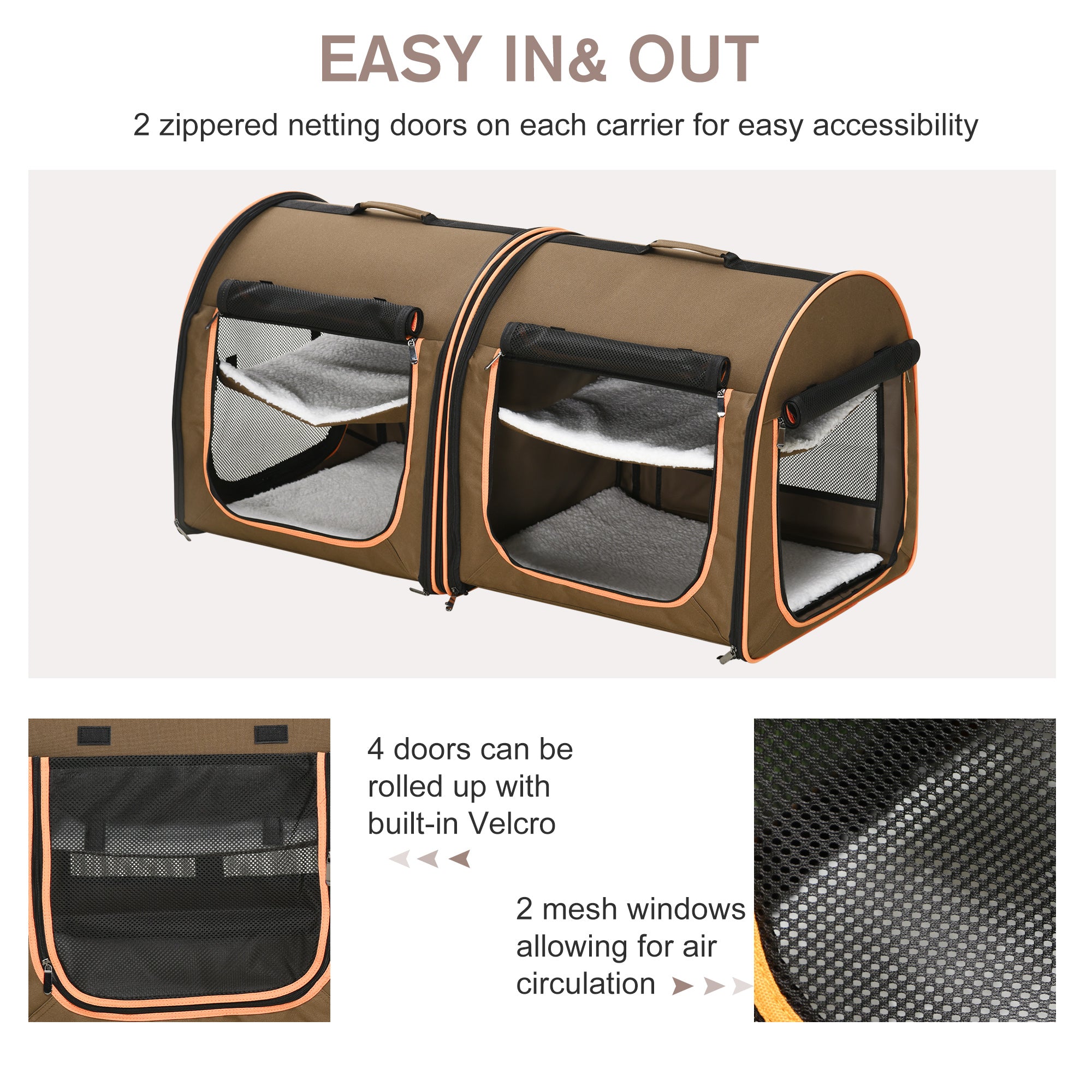 PawHut 39" Portable Soft-Sided Cat Carrier, Travel Pet Carrier with Divider, Two Compartments, Soft Cushions, & Storage Bag, Brown