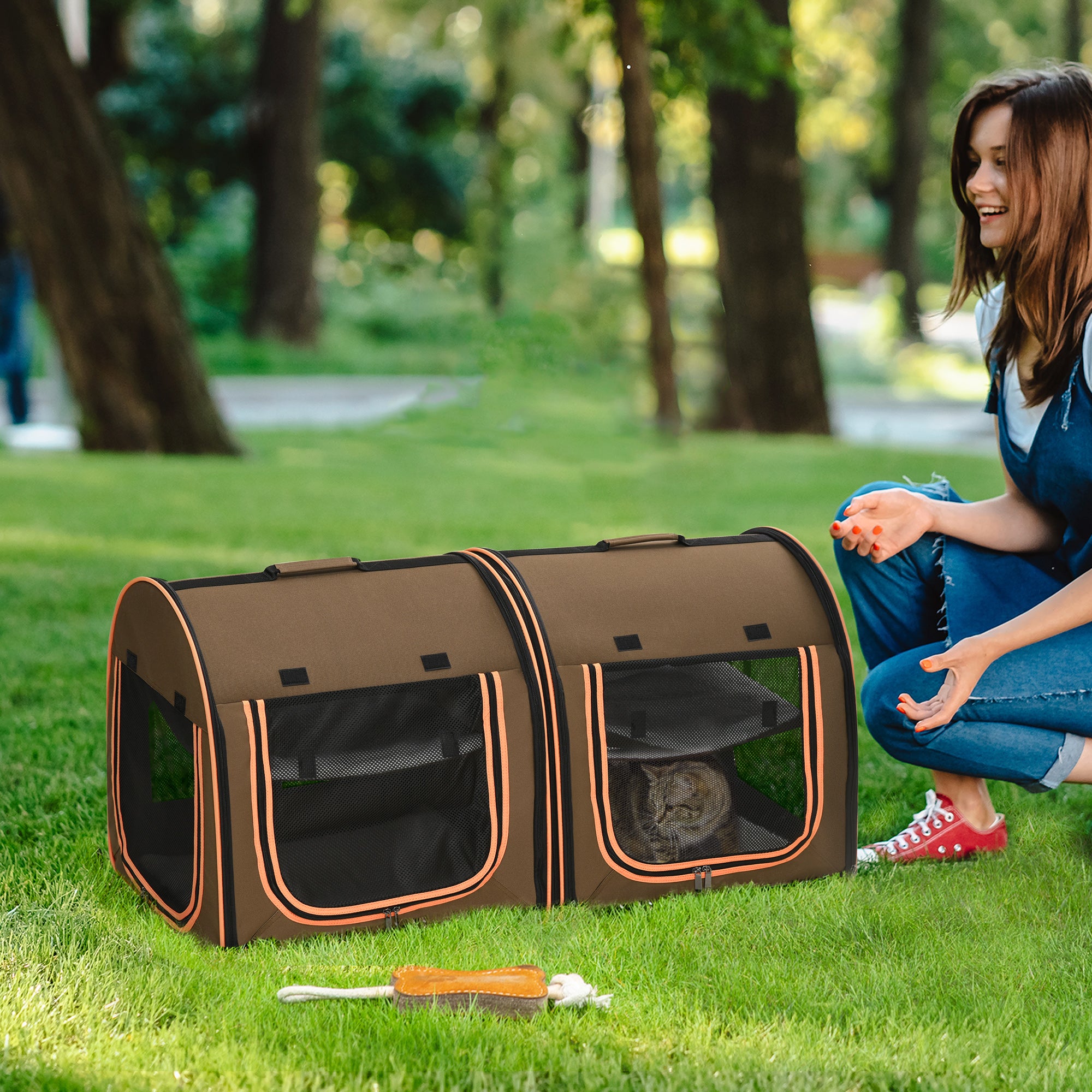 PawHut 39" Portable Soft-Sided Cat Carrier, Travel Pet Carrier with Divider, Two Compartments, Soft Cushions, & Storage Bag, Brown