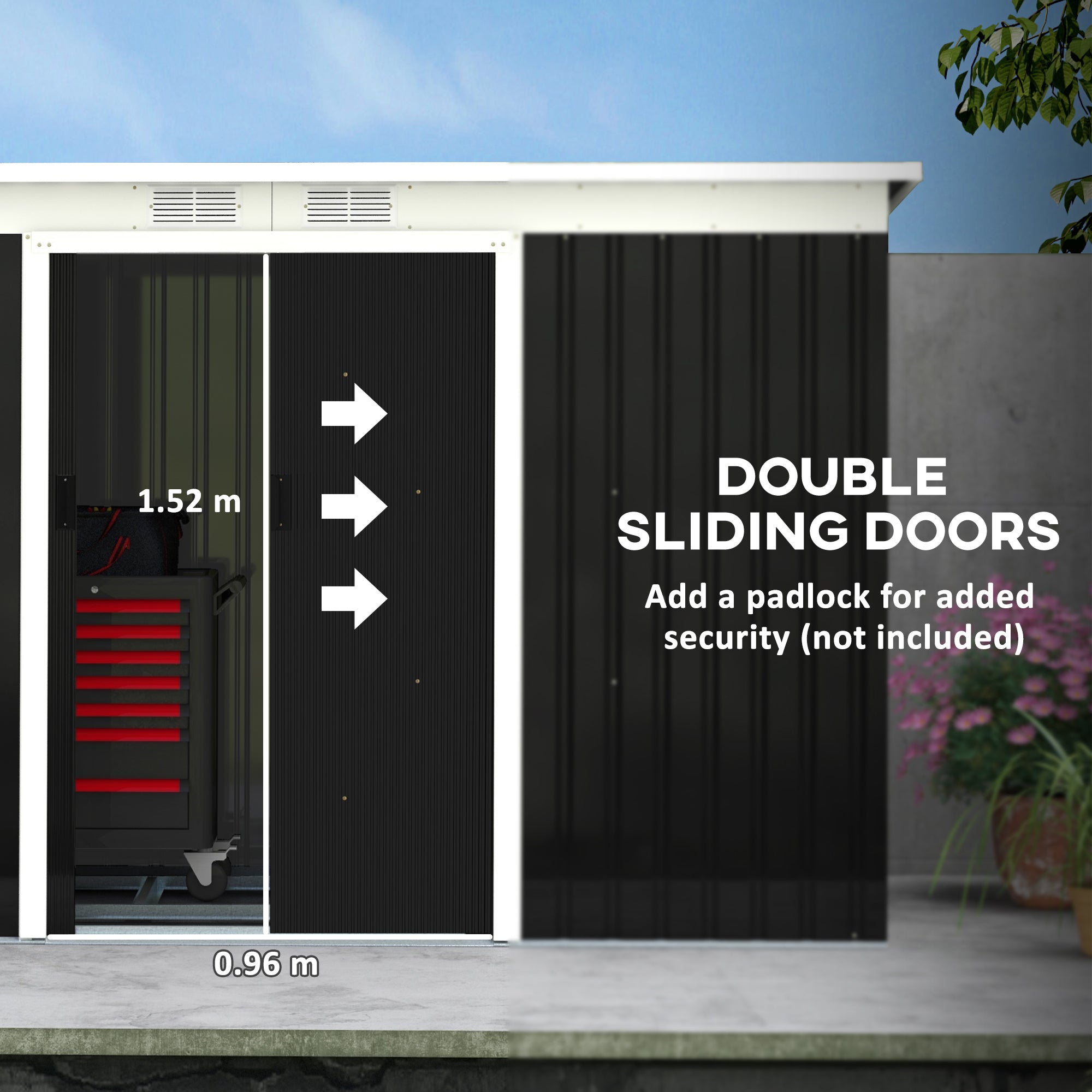 Outsunny 9' x 4' Metal Storage Shed, Garden Tool House with Foundation Kit, Double Sliding Doors, Air Vents for Backyard, Patio, Lawn, Dark Grey