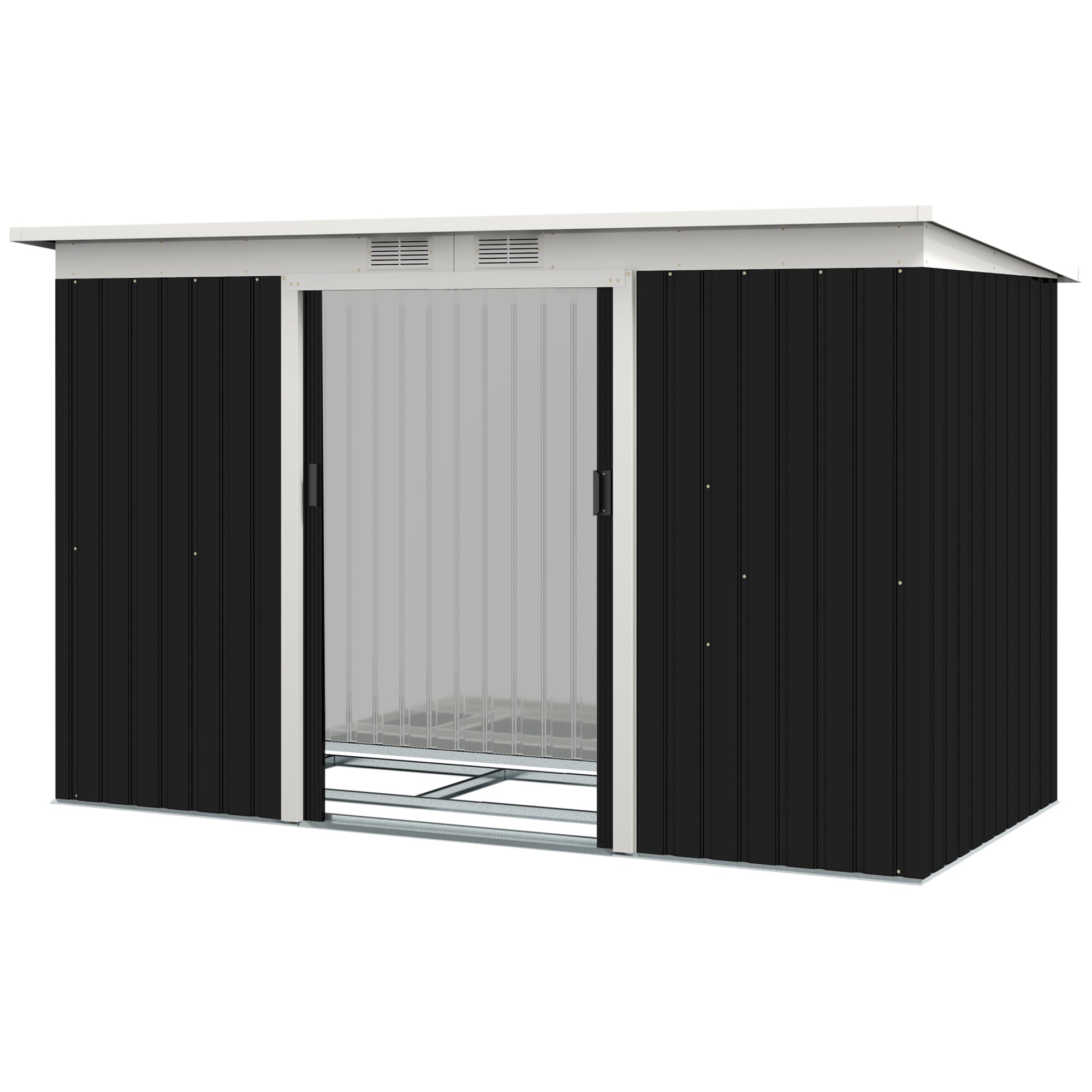Outsunny 9' x 4' Metal Storage Shed, Garden Tool House with Foundation Kit, Double Sliding Doors, Air Vents for Backyard, Patio, Lawn, Dark Grey