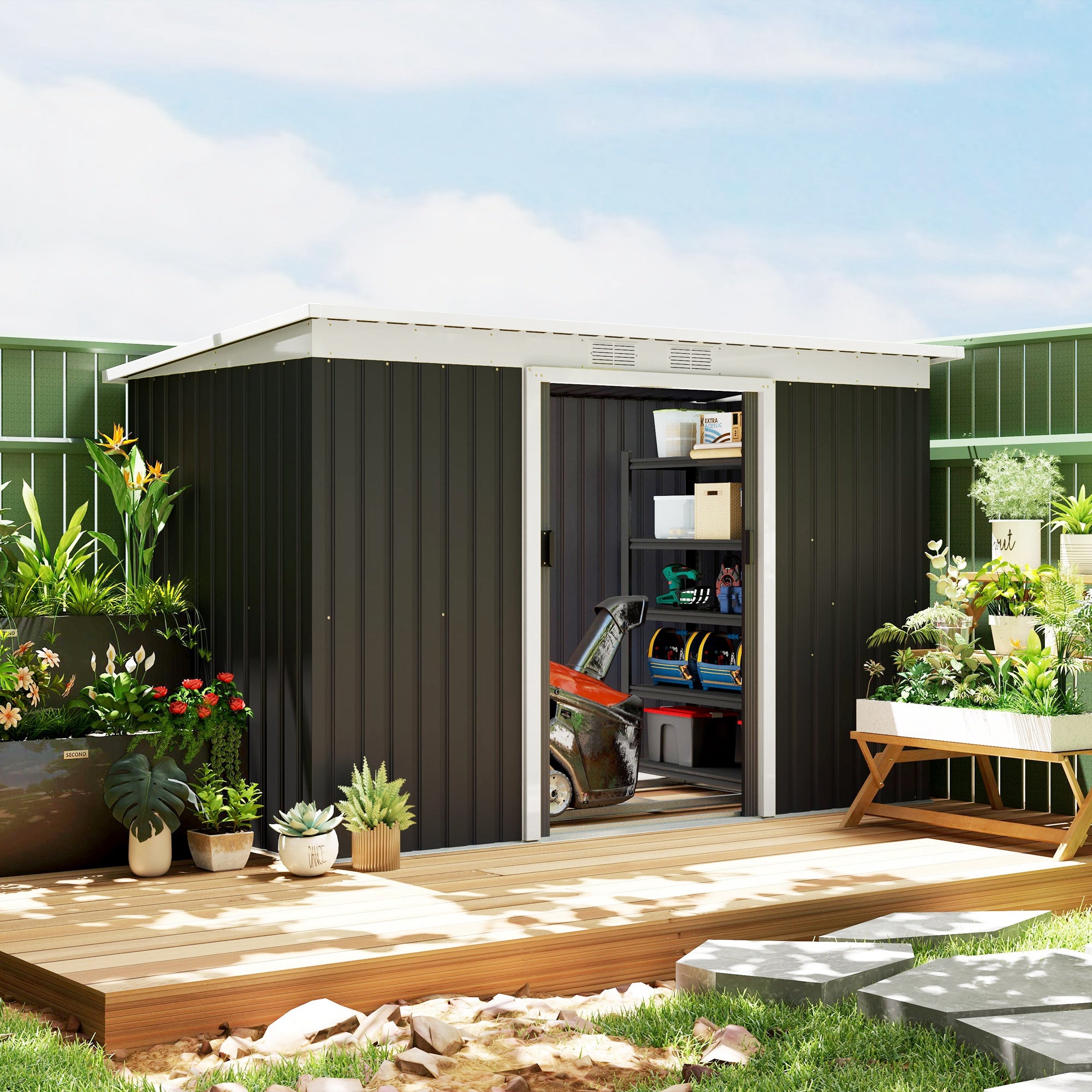 Outsunny 9' x 4' Metal Storage Shed, Garden Tool House with Foundation Kit, Double Sliding Doors, Air Vents for Backyard, Patio, Lawn, Dark Grey