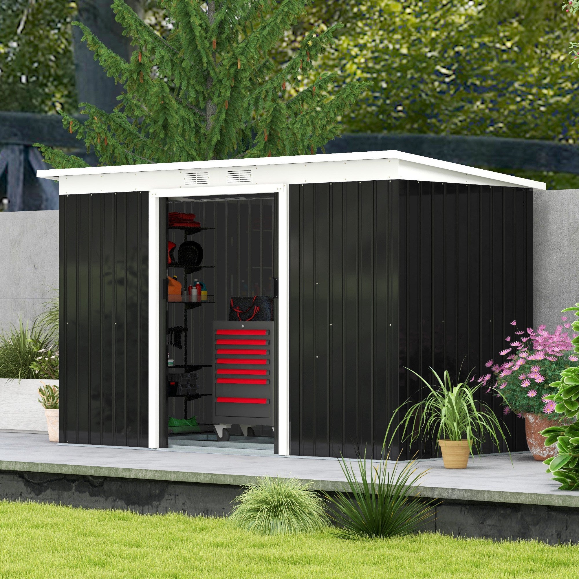 Outsunny 9' x 4' Metal Storage Shed, Garden Tool House with Foundation Kit, Double Sliding Doors, Air Vents for Backyard, Patio, Lawn, Dark Grey