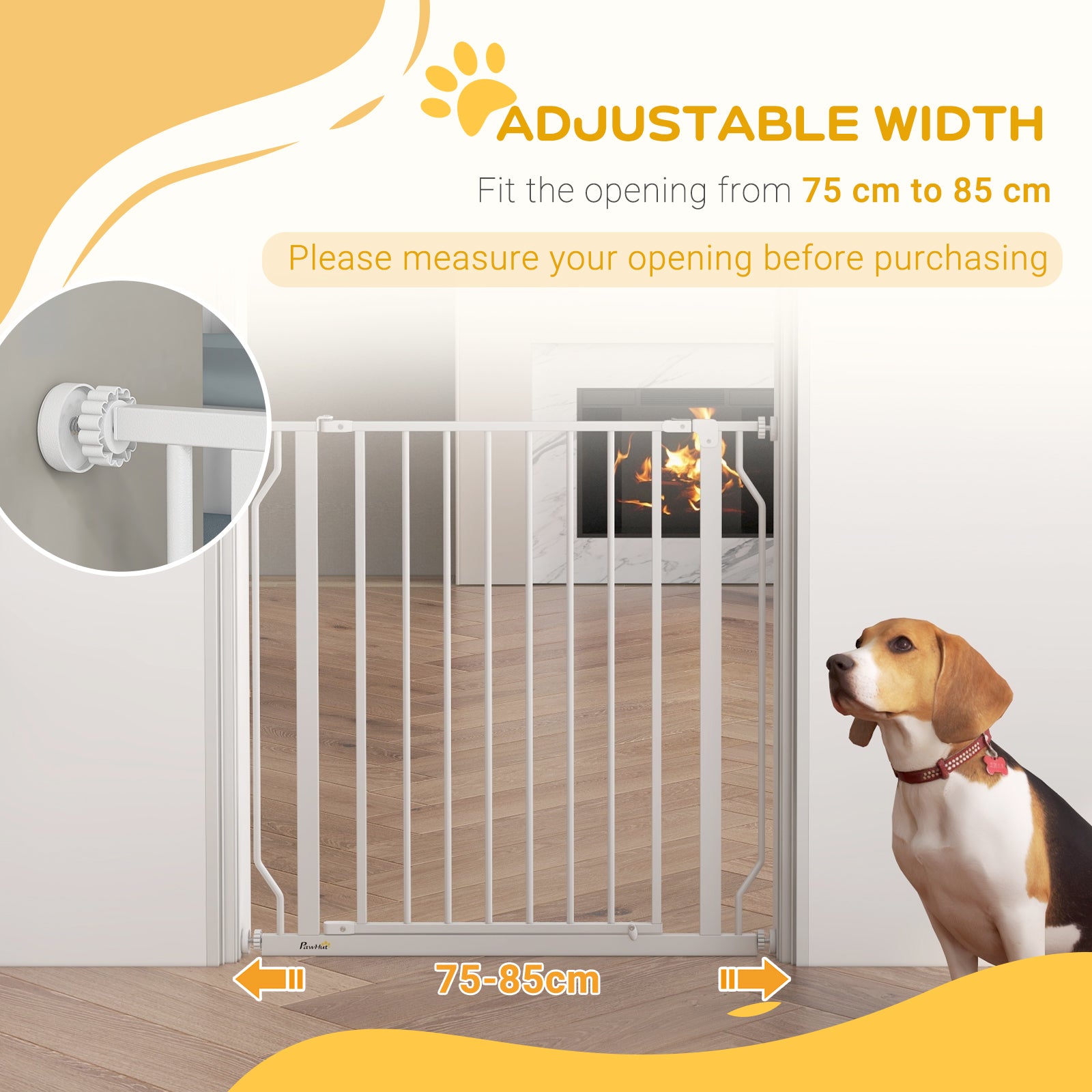 PawHut Dog Gate Wide Stair Gate w/ Door Pressure Fit Pets Barrier for Doorway, Hallway, 76H x 75-85W cm - White