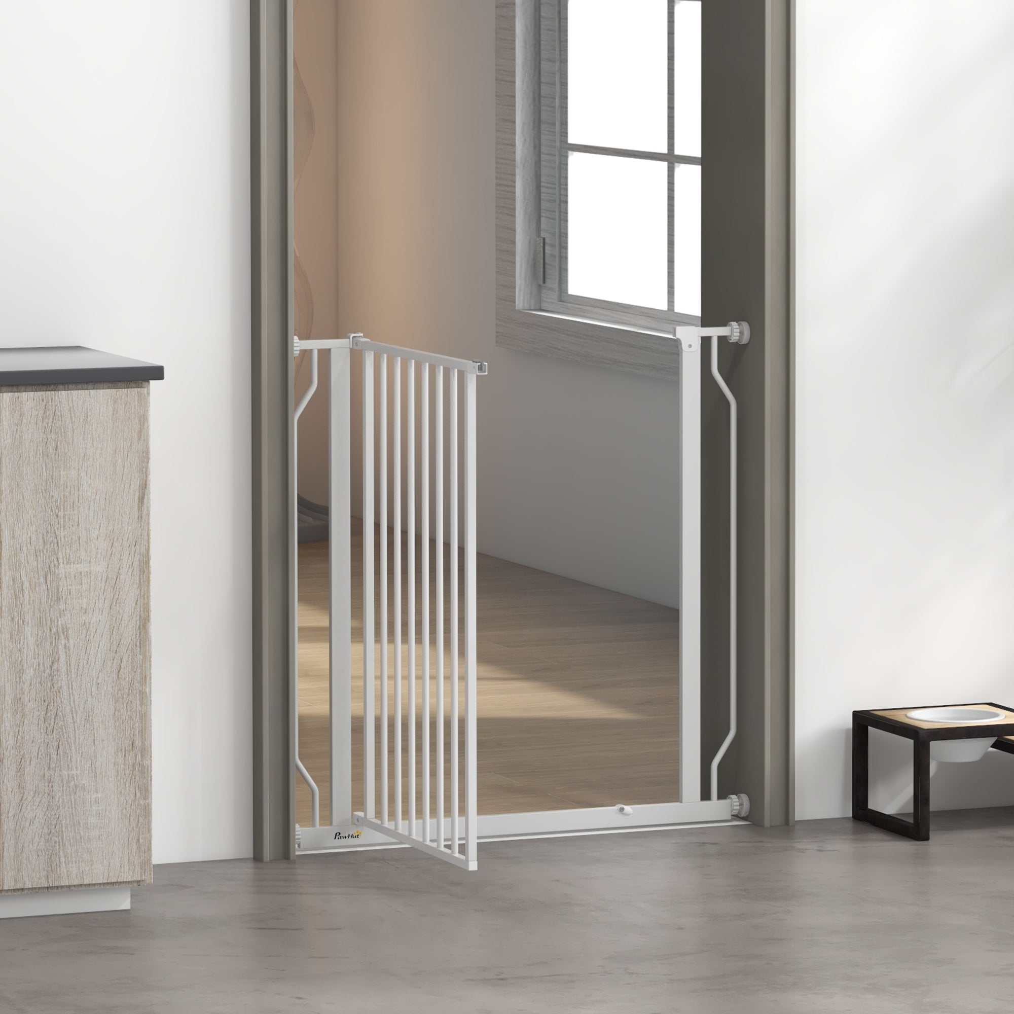 PawHut Dog Gate Wide Stair Gate w/ Door Pressure Fit Pets Barrier for Doorway, Hallway, 76H x 75-85W cm - White