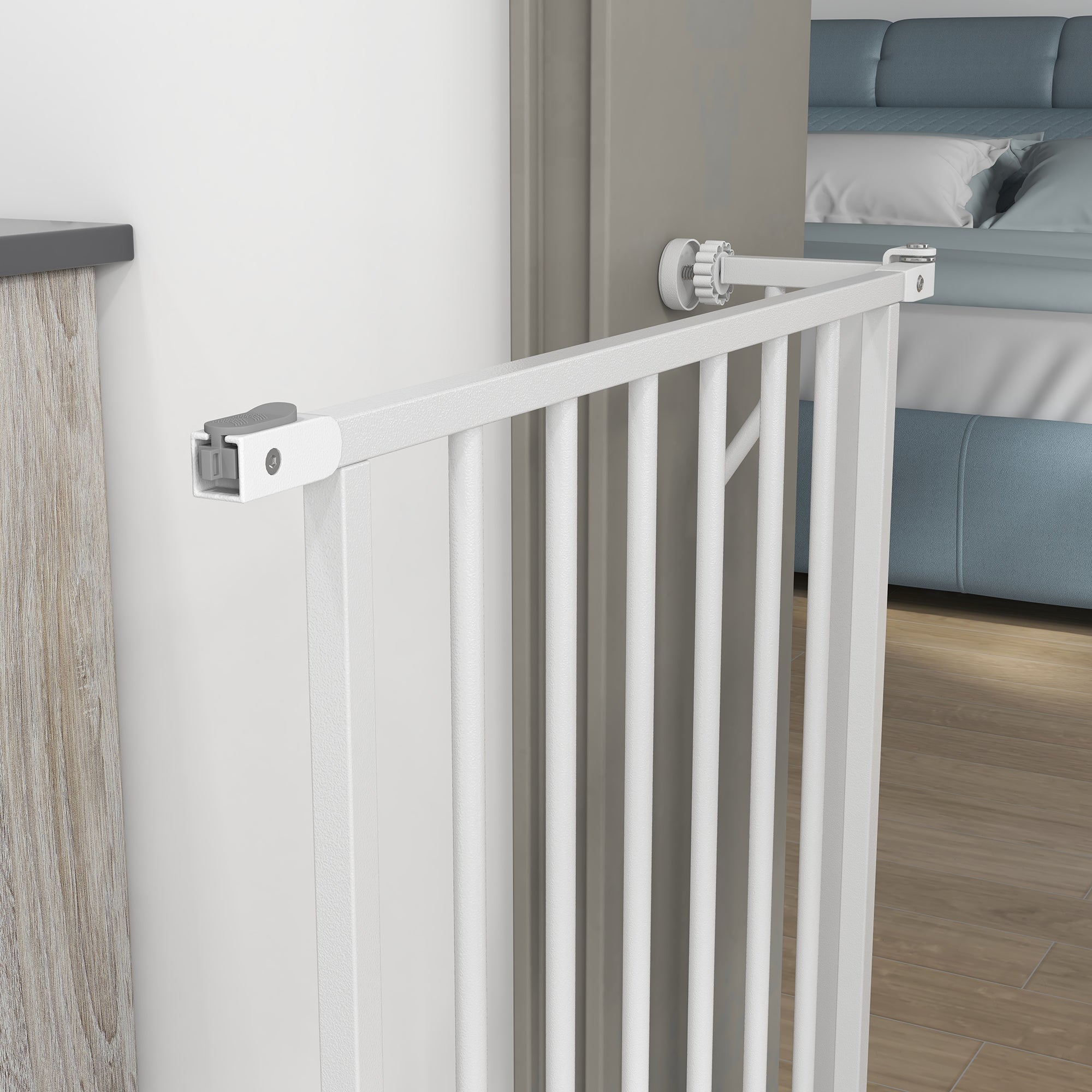 PawHut Dog Gate Wide Stair Gate w/ Door Pressure Fit Pets Barrier for Doorway, Hallway, 76H x 75-85W cm - White