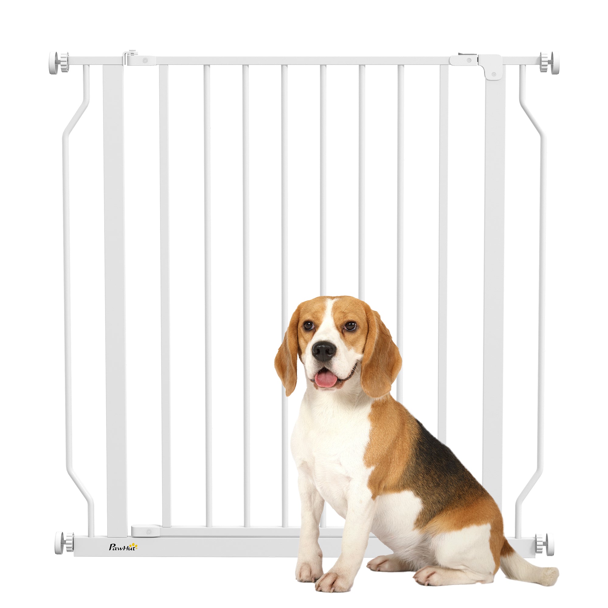 PawHut Dog Gate Wide Stair Gate w/ Door Pressure Fit Pets Barrier for Doorway, Hallway, 76H x 75-85W cm - White