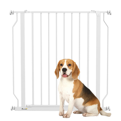 PawHut Dog Gate Wide Stair Gate w/ Door Pressure Fit Pets Barrier for Doorway, Hallway, 76H x 75-85W cm - White