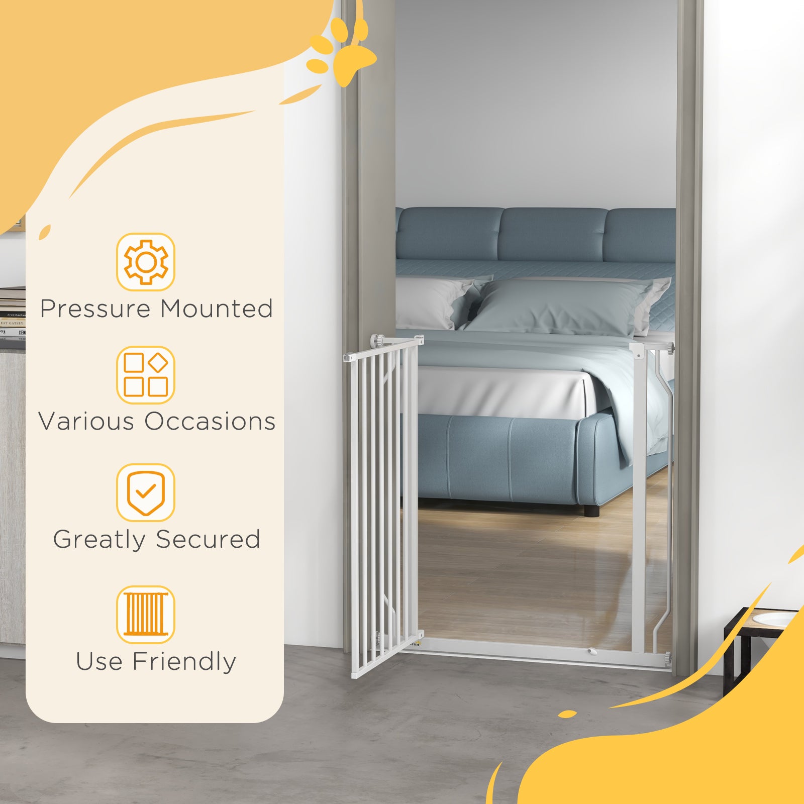 PawHut Dog Gate Wide Stair Gate w/ Door Pressure Fit Pets Barrier for Doorway, Hallway, 76H x 75-85W cm - White