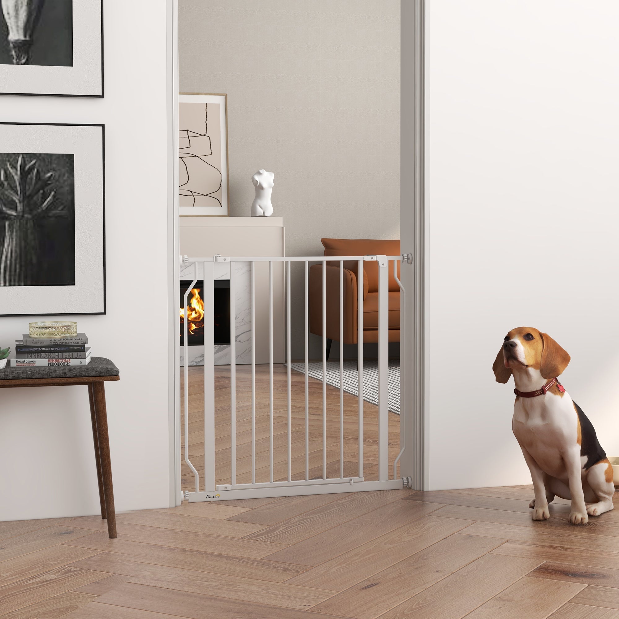 PawHut Dog Gate Wide Stair Gate w/ Door Pressure Fit Pets Barrier for Doorway, Hallway, 76H x 75-85W cm - White