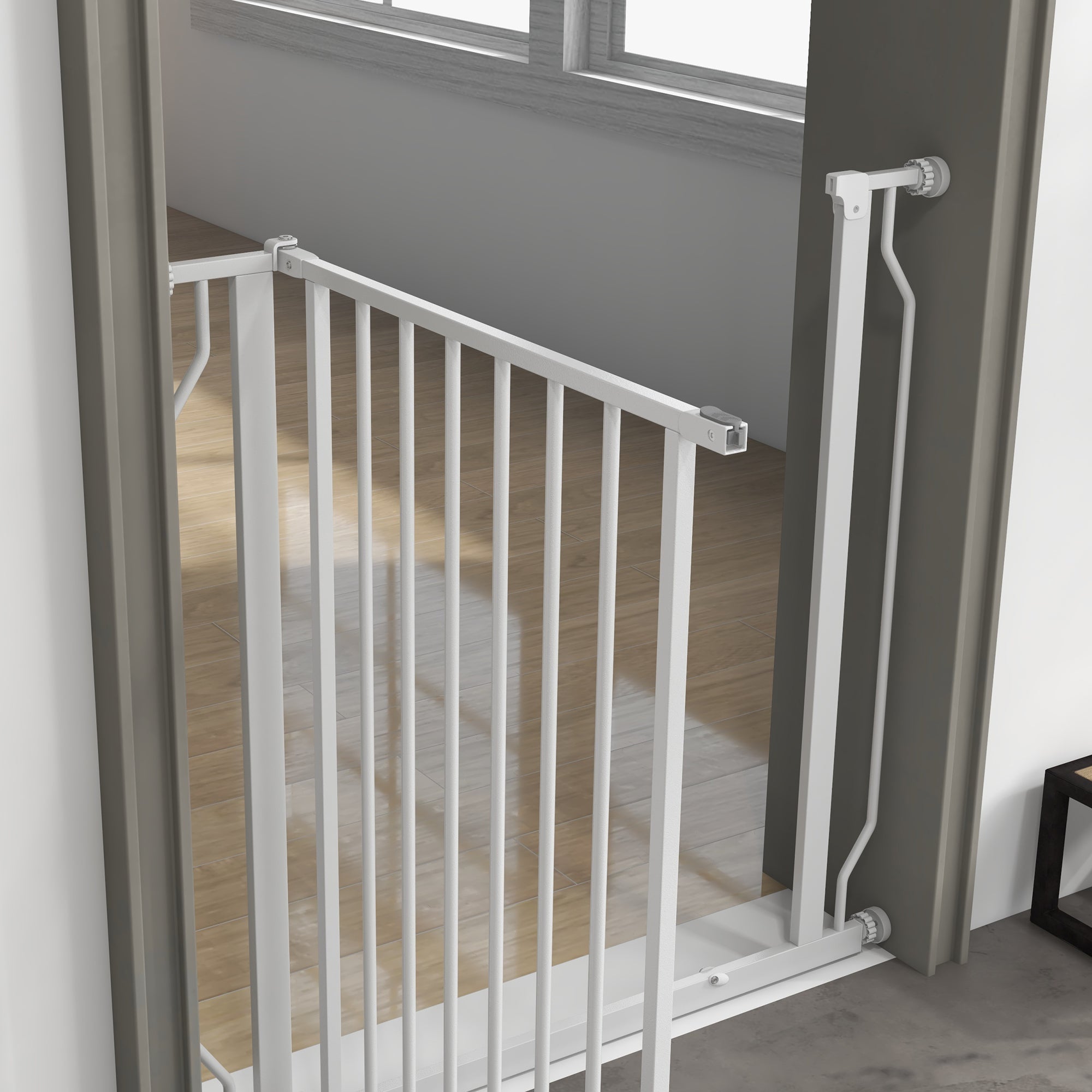 PawHut Dog Gate Wide Stair Gate w/ Door Pressure Fit Pets Barrier for Doorway, Hallway, 76H x 75-85W cm - White