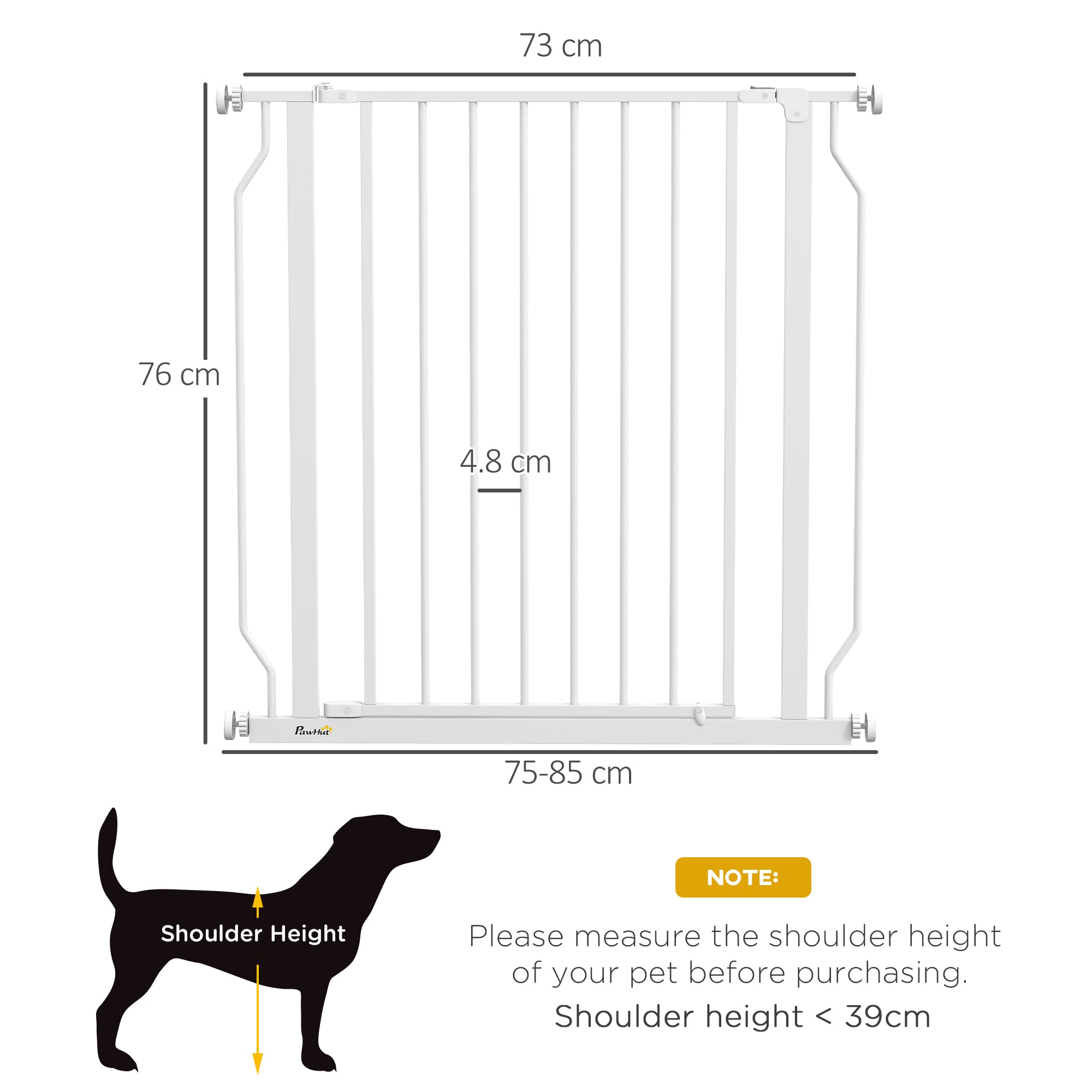 PawHut Dog Gate Wide Stair Gate w/ Door Pressure Fit Pets Barrier for Doorway, Hallway, 76H x 75-85W cm - White