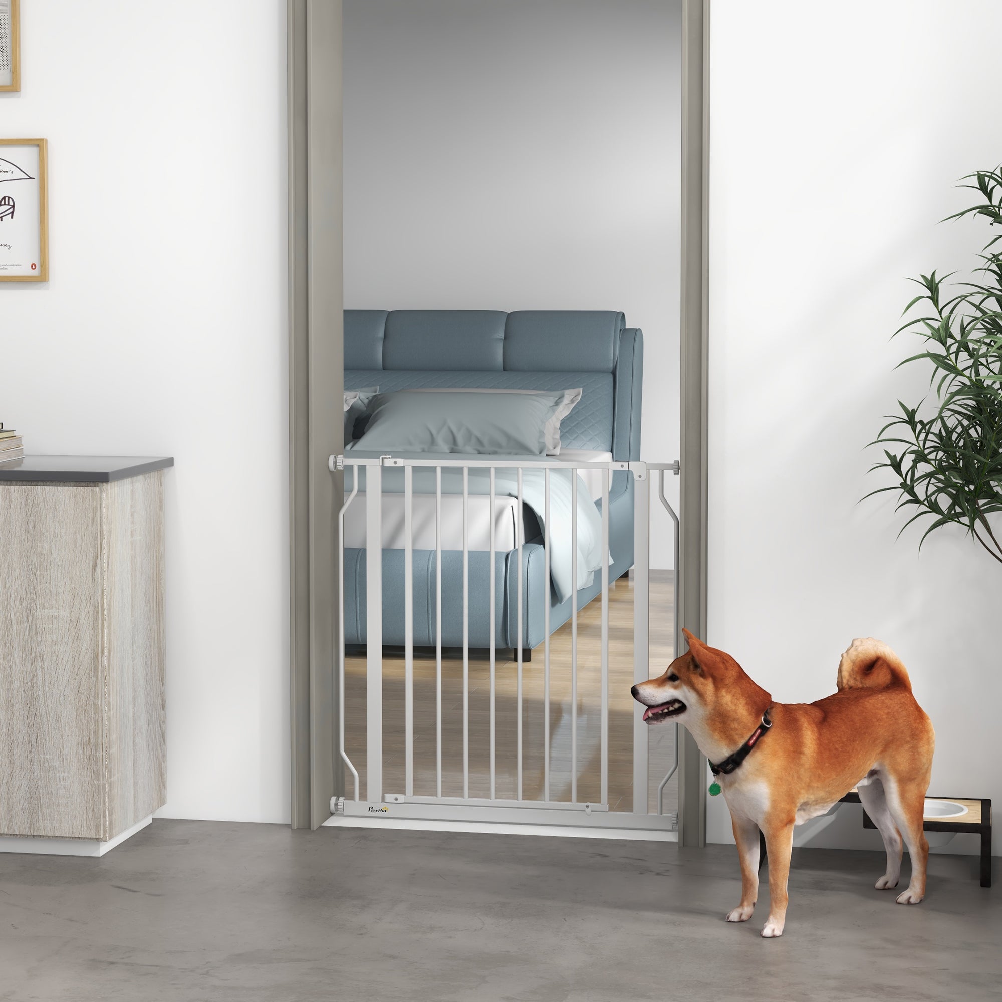 PawHut Dog Gate Wide Stair Gate w/ Door Pressure Fit Pets Barrier for Doorway, Hallway, 76H x 75-85W cm - White