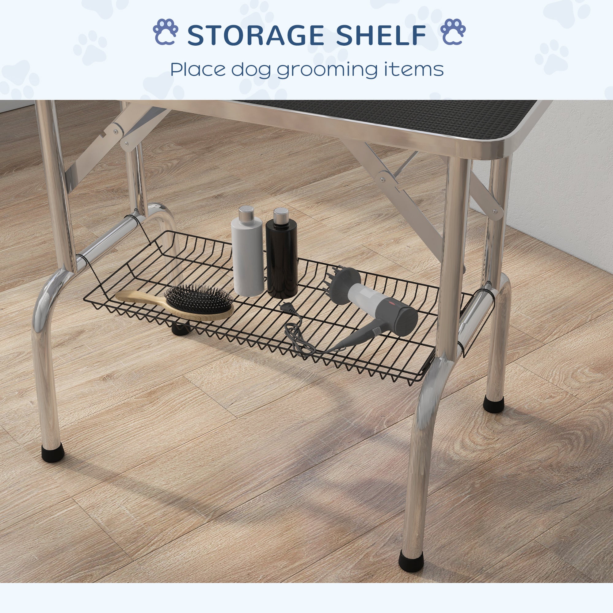 PawHut 36" Dog Grooming Table with Adjustable Grooming Arm, Pet Grooming Table for Dogs with Storage Shelf, Foldable Design, Black and Silver