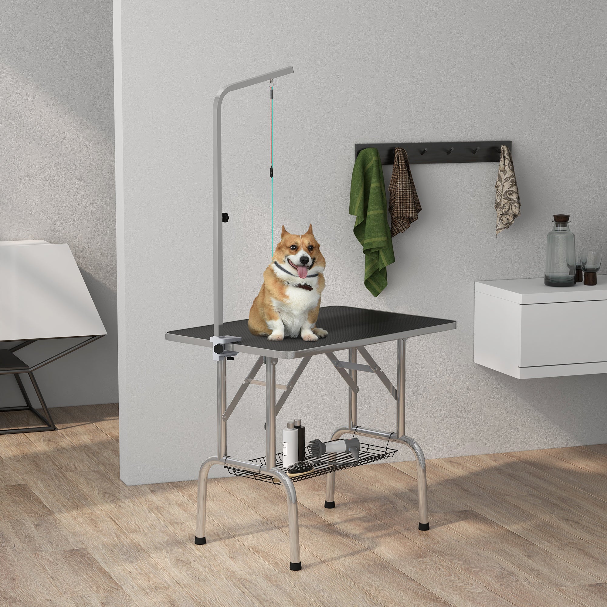 PawHut 36" Dog Grooming Table with Adjustable Grooming Arm, Pet Grooming Table for Dogs with Storage Shelf, Foldable Design, Black and Silver