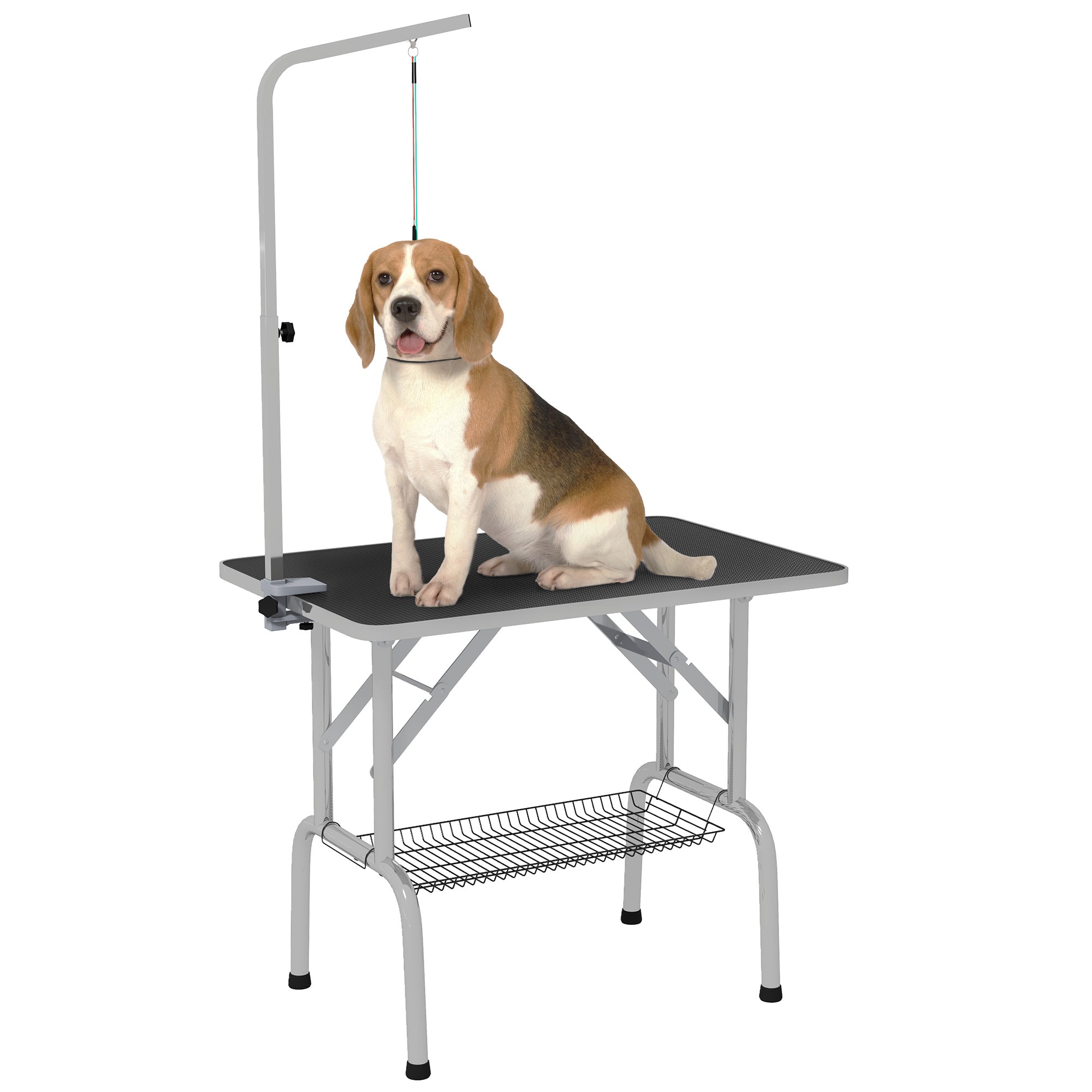 PawHut 36" Dog Grooming Table with Adjustable Grooming Arm, Pet Grooming Table for Dogs with Storage Shelf, Foldable Design, Black and Silver