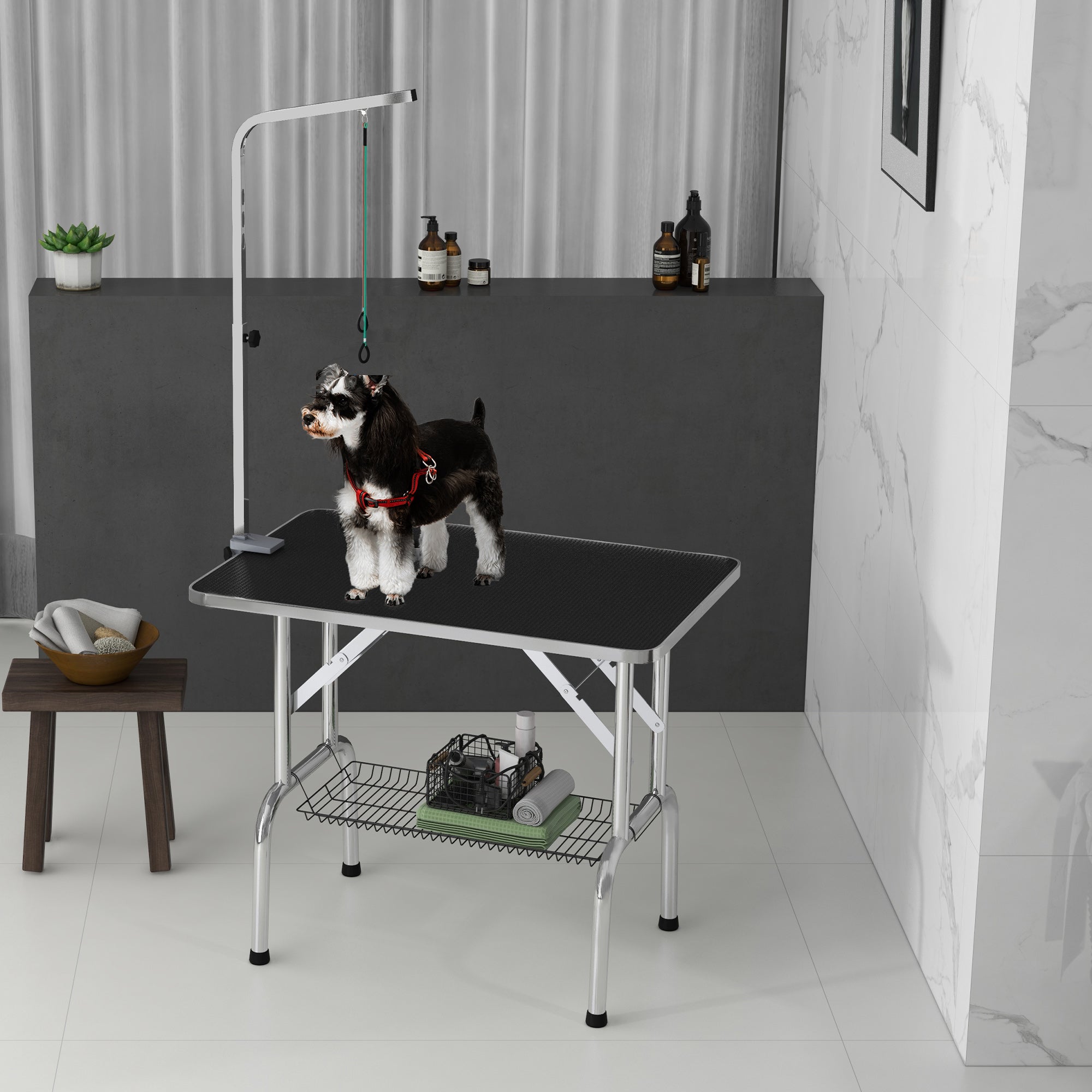 PawHut 36" Dog Grooming Table with Adjustable Grooming Arm, Pet Grooming Table for Dogs with Storage Shelf, Foldable Design, Black and Silver