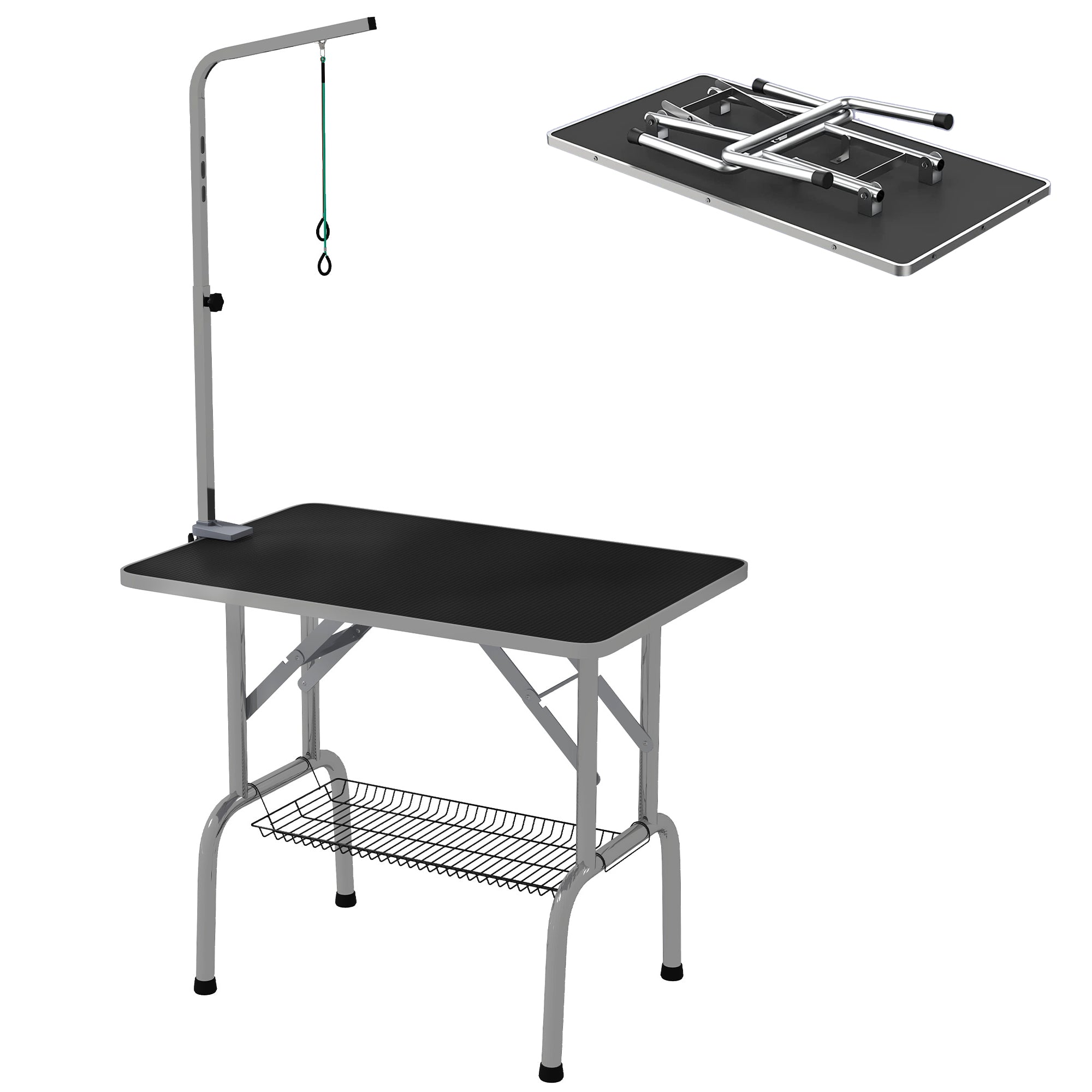 PawHut 36" Dog Grooming Table with Adjustable Grooming Arm, Pet Grooming Table for Dogs with Storage Shelf, Foldable Design, Black and Silver